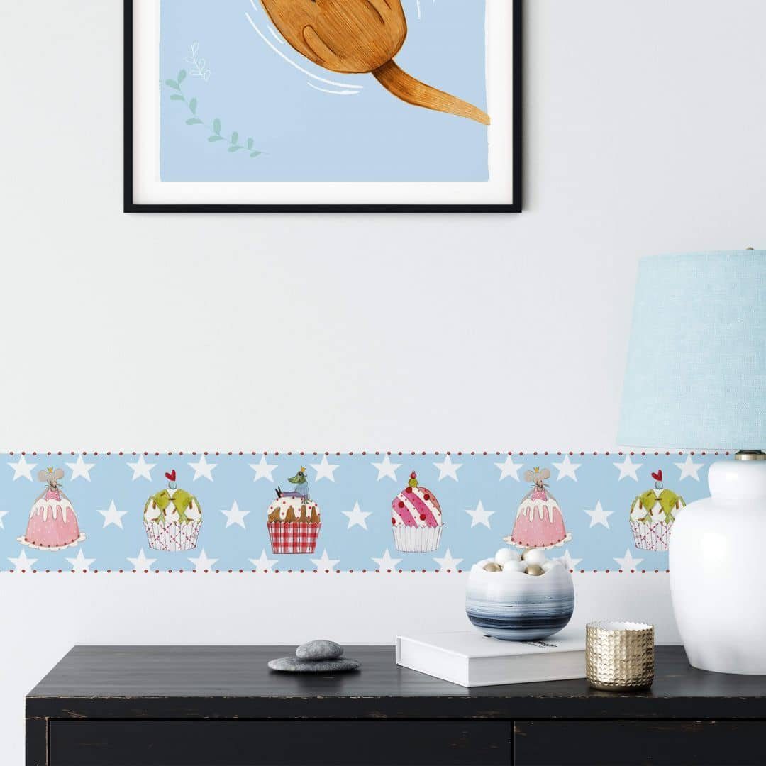 K&L Wall Art Wandtattoo Bordüre Kunstdruck Leffler Kinderzimmer bunte Muffins Party Sterne, Akzentleiste selbstklebend, entfernbar