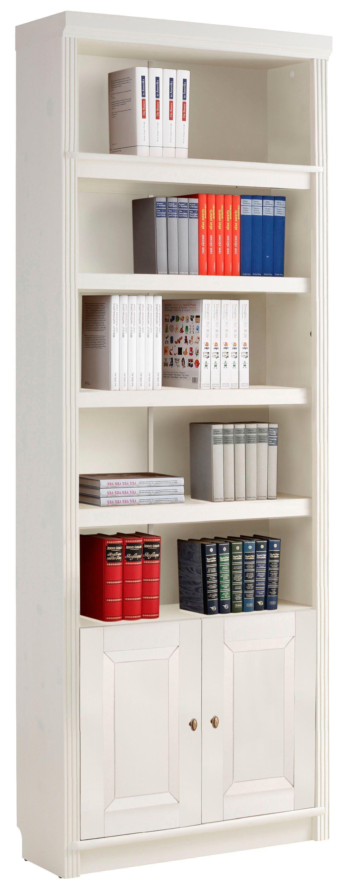 Home affaire Bücherregal Soeren, aus massiver Kiefer, Höhe 220 cm, mit 2 Holztüren, viel Stauraum weiß