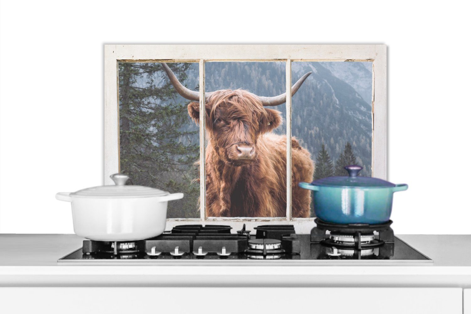MuchoWow Küchenrückwand Schottischer Highlander - Ansicht - Vista, (1-tlg), 60x40 cm, Herdblende aus Wandschutz, Temperaturbeständig küchen
