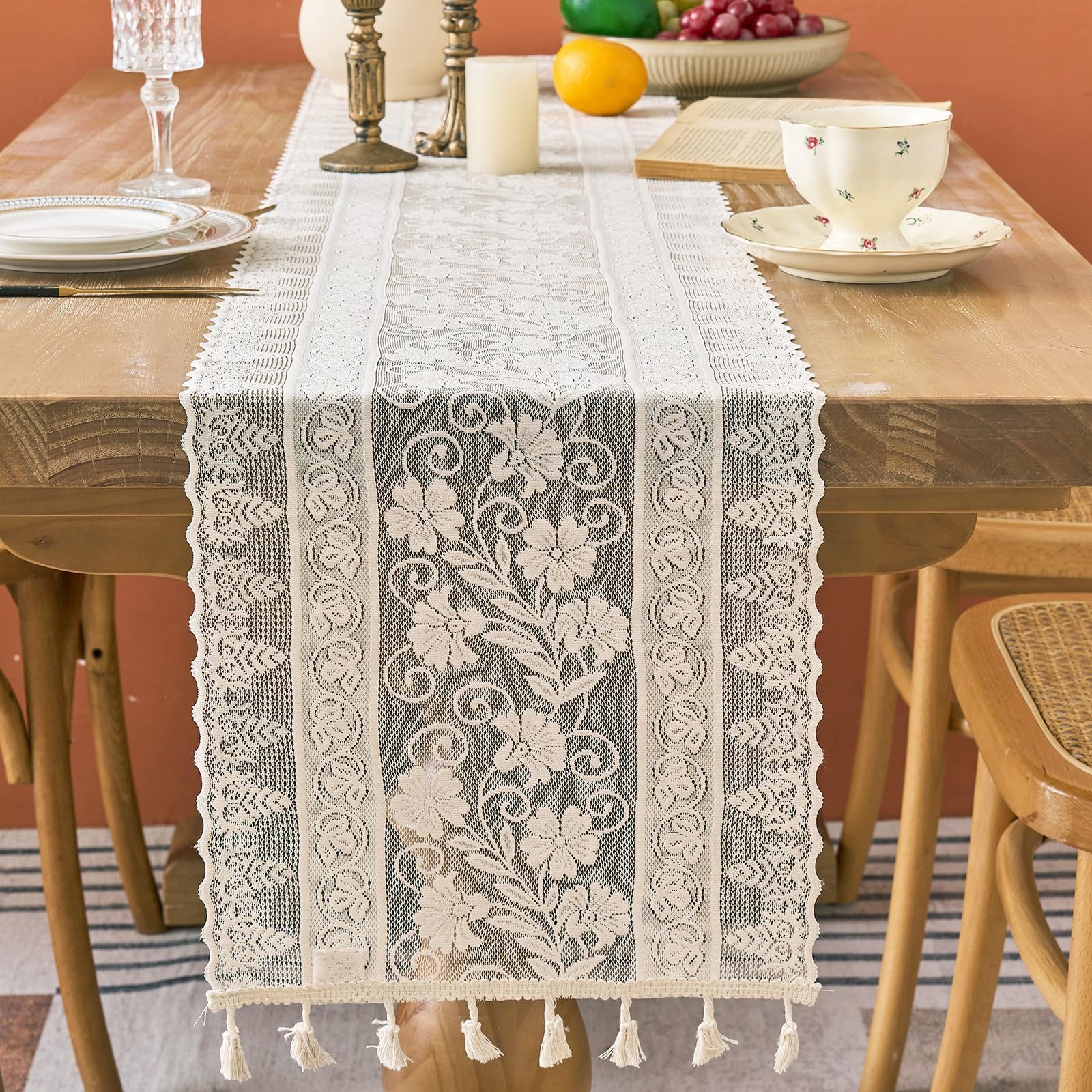 Diwzbyn Tischläufer Boho Spitzen-Tischläufer mit Fransen, Vintage Tischdeko, Rustikales Design für Herbst, Erntedank, Küche & Esszimmer