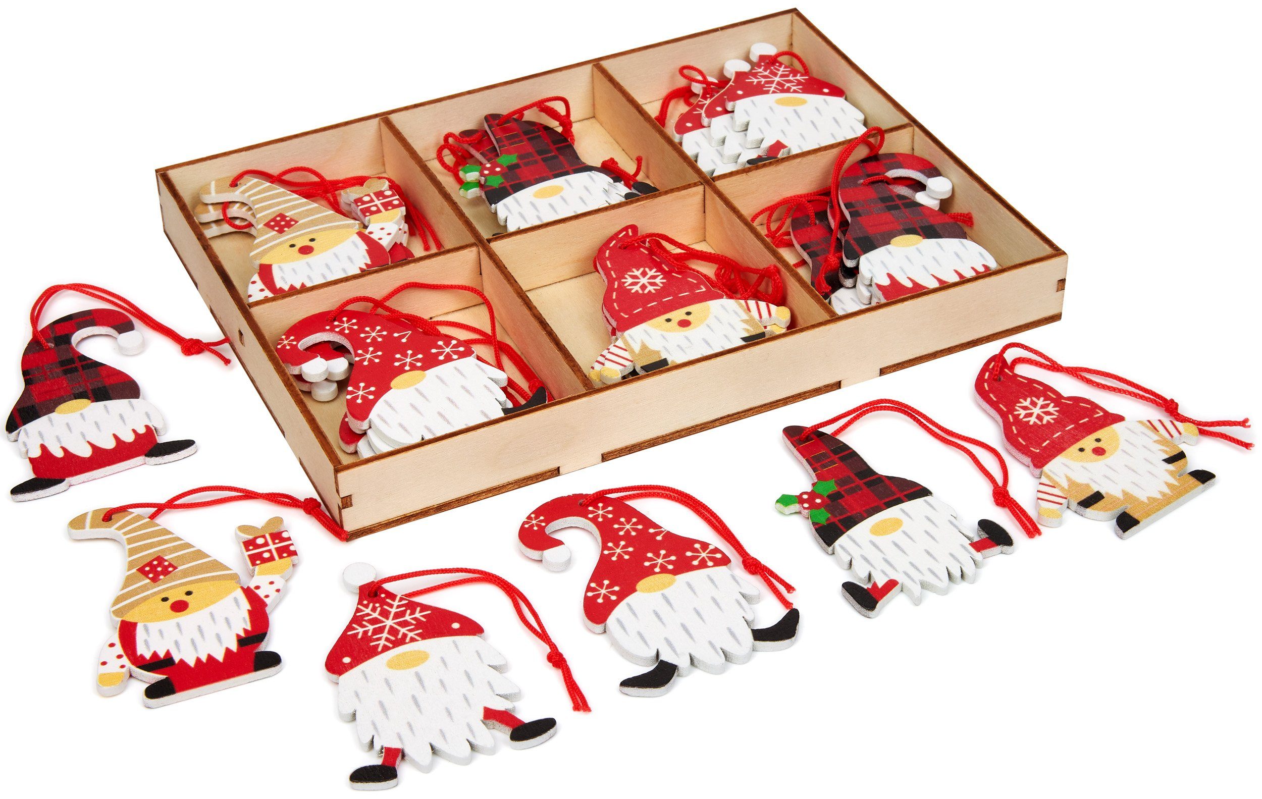 Christbaumschmuck und cm Lustige hoch Geschenke, BRUBAKER Set (24-tlg), Dekoanhänger 5,8 Weihnachtsanhänger Wichtel mit Weihnachtsmützen Zwerge
