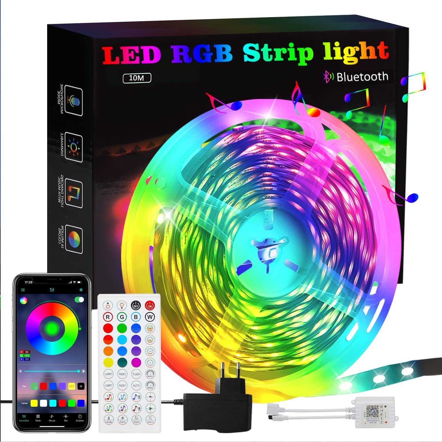 Fernbedienung 1-flammig, Music LED-Streifen Sync App ZMH 10M, mit 1x einstellbar RGB LED-Streifen,
