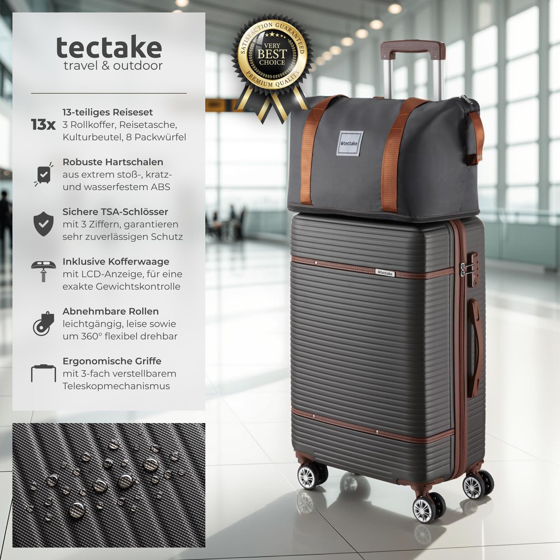 tectake Trolley Hartschalenkoffer-Set 13-tlg. robuster ABS-Kunststoff mit, 4 Rollen, TSA-Sicherheitszahlenschloss, 360° drehbare, abnehmbare Doppelrollen
