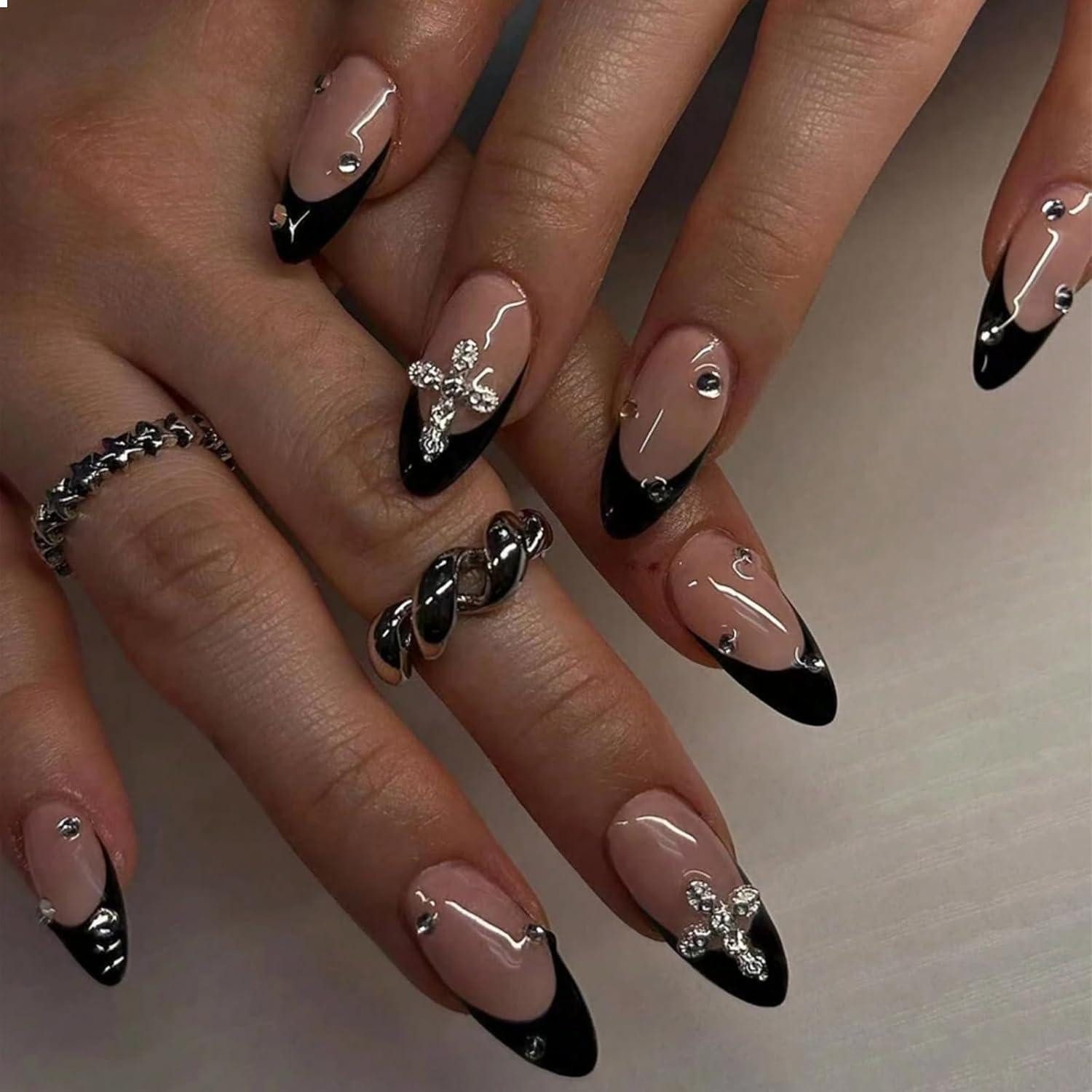 LuxusKollektion Kunstfingernägel 24er Set Mandelkreuz Design 3D Schwarz Press On Nails French Tip Acryl