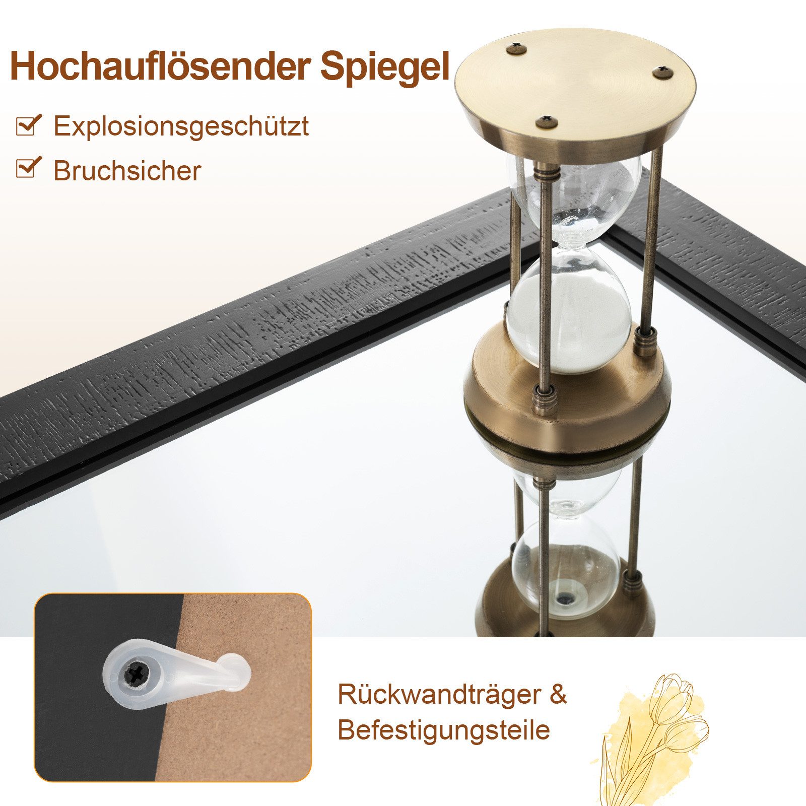 COSTWAY Dekospiegel, Rustikaler Wandspiegel mit Holzrahmen, 100 x 66 cm