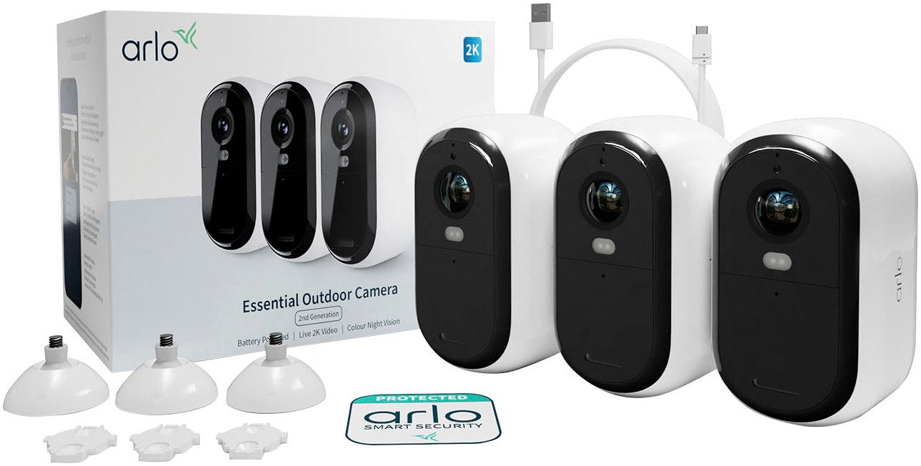 ARLO Smart Home Kamera ESSENTIAL 2K Outdoor Kamera 3er-Pack (Außenbereich, Innenbereich, Packung)