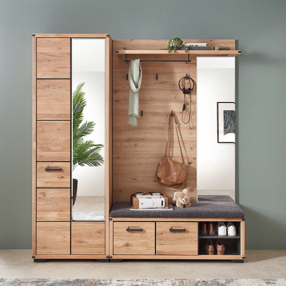 Lomadox Garderoben-Set GRADO-36, (Spar-Set, 3-St., 1 Hochschrank 1 Sitzbank 1 Gardrobenpaneel), Flurmöbel Set Flurschrank Kleiderhaken Schuhbank modern in Eiche