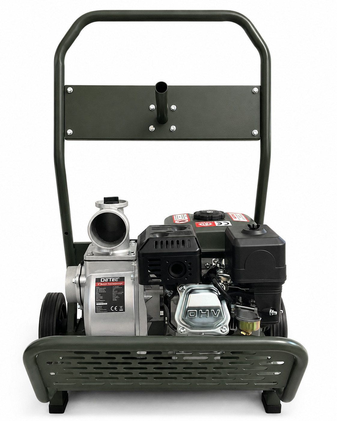 DeTec. Wasserpumpe 3" Zoll Benzin Motor Gartenpumpe Wasserpumpe 60.000 L/h mit Gestell, Ideal zum Wasser abpumpen bei Pool, Keller, Teich und Hochwasser