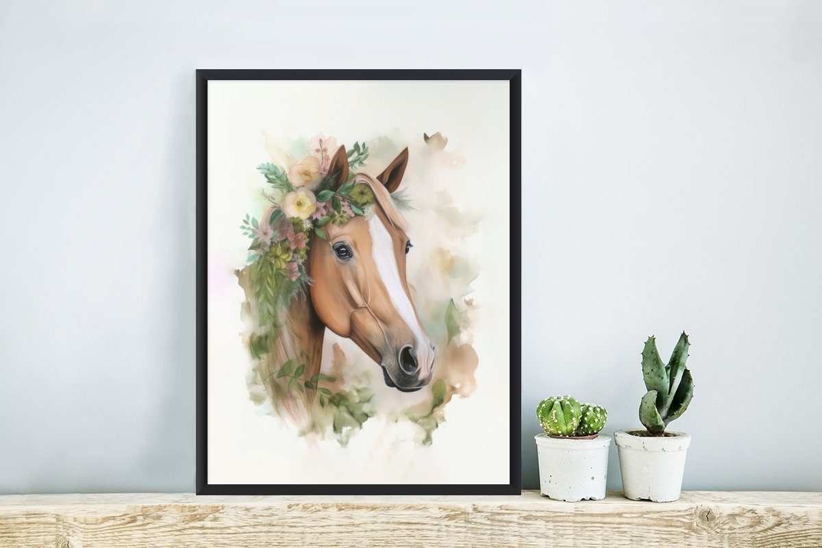 Aquarell Bilderrahmen Natur (1 Pferd Blumen Schwarzem mit Gerahmtes - Poster, - Kunstdruck, St), MuchoWow Poster - Tiere, Rahmen, -
