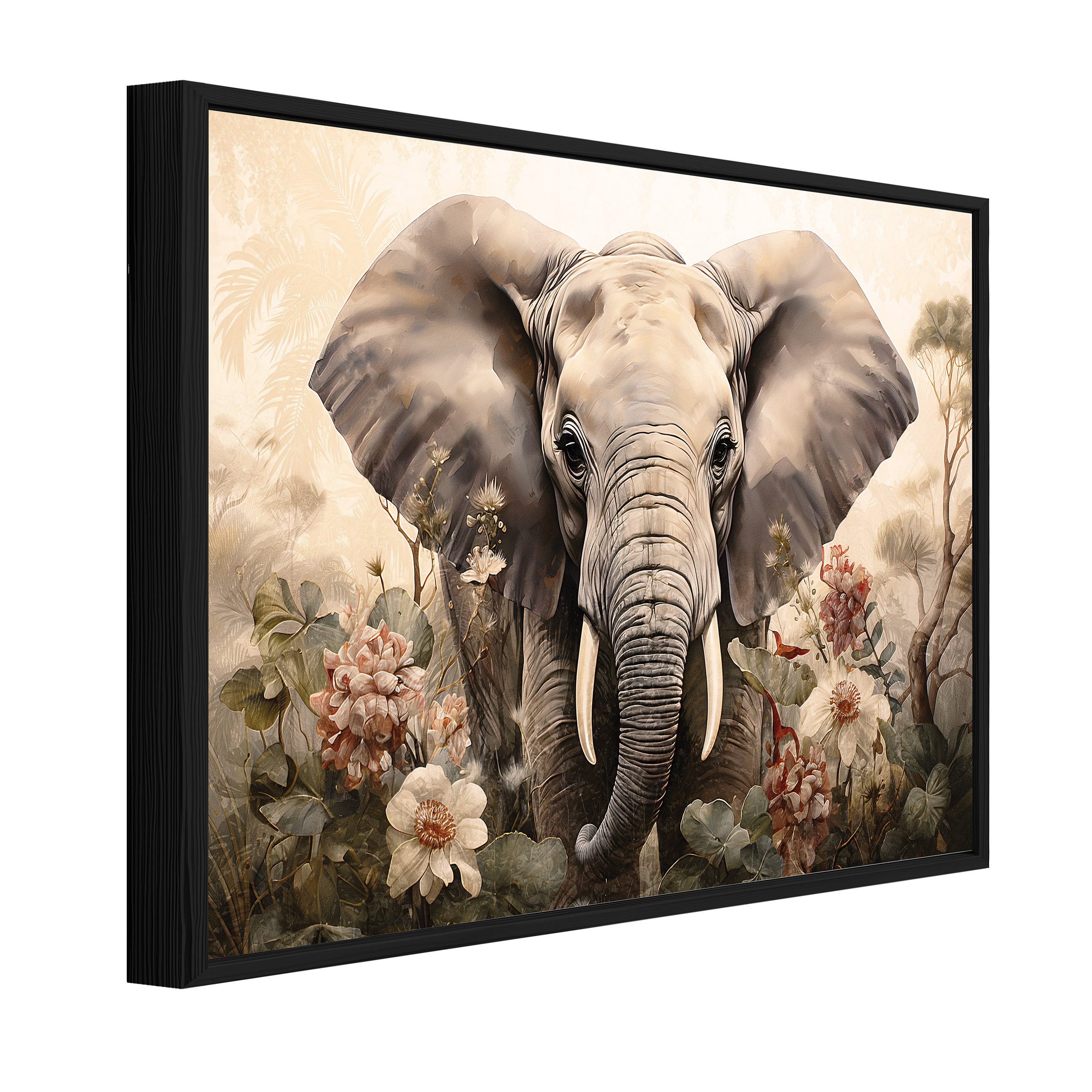 Wallarena Leinwandbild Kinderzimmer Elefant Natur grau Blumen Wandbilder Wand Deko XXL Bilder, Elefant (groß Bilder Wohnzimmer Schlafzimmer Einteilig, 1 St), Bild mit Rahmen Wohnzimmer Schlafzimmer Küche Deko 40x30