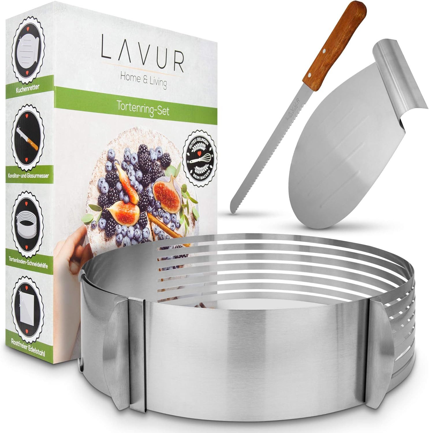 LAVUR Tortenring Tortenring Set 3-teilig 23-30 cm verstellbar inkl. Retter & Messer, Edelstahl, Edelstahl, stufenlos einstellbar Ring & Retter spülmaschinenfest