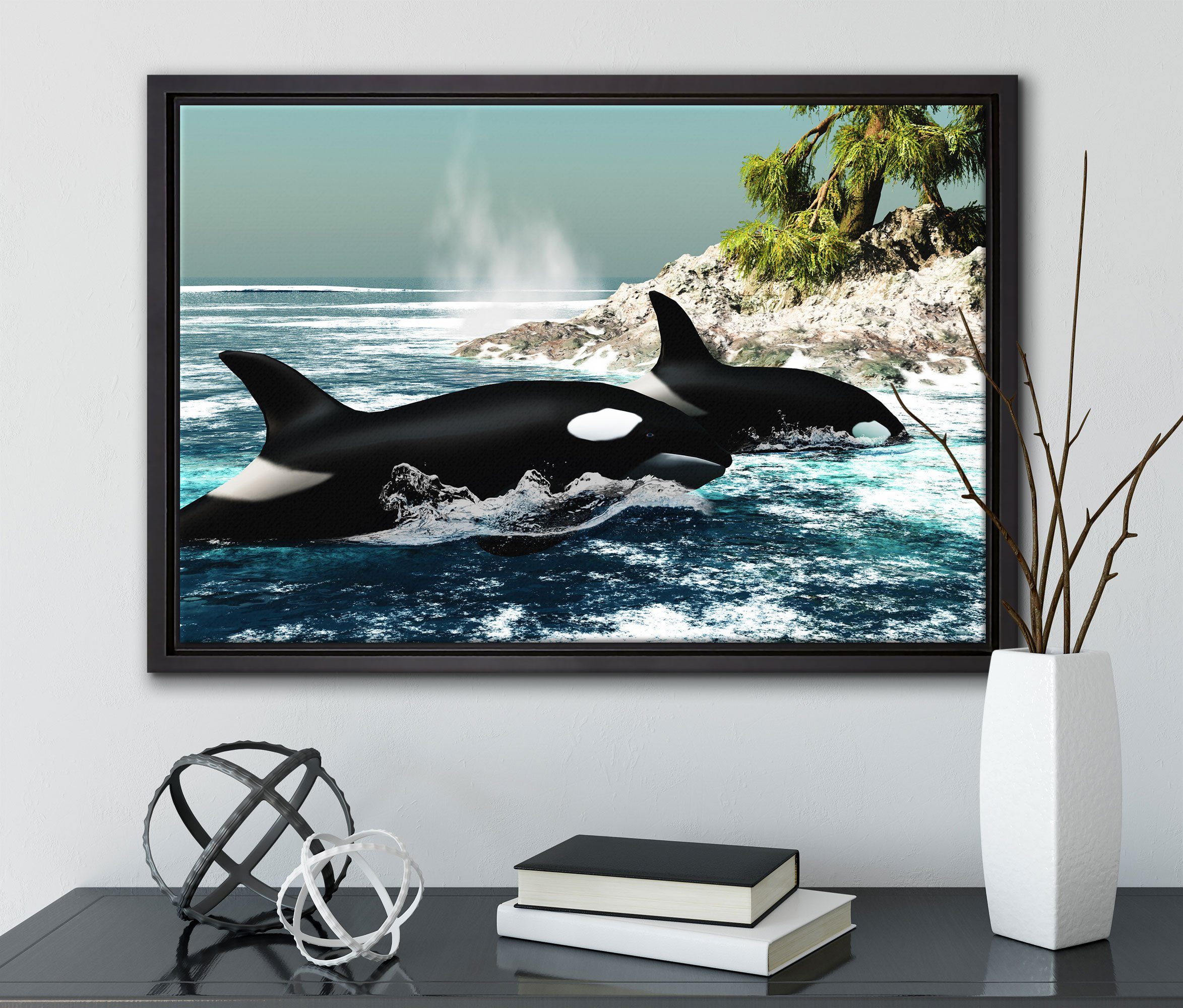 (1 inkl. Insel, Wanddekoration in gefasst, fertig Zackenaufhänger vor St), Leinwandbild Leinwandbild bespannt, Orcas einem Pixxprint Schattenfugen-Bilderrahmen