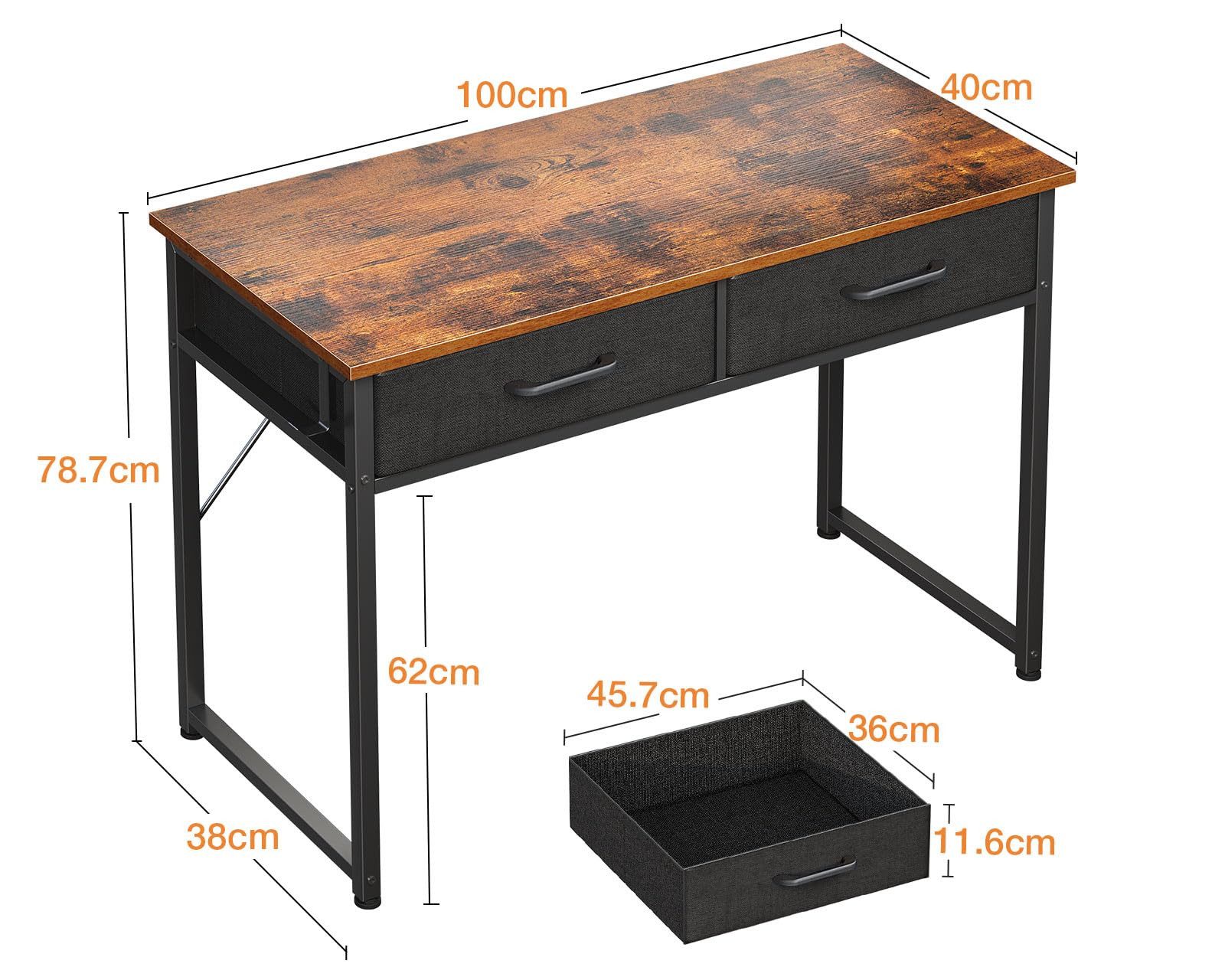 ODK Schreibtisch mit 2 Stoffschubladen und Kopfhörerhaken (1-St), Kompakter PC-Tisch für Home Office, 100×40×78,7 cm – Bild 2 von 5
