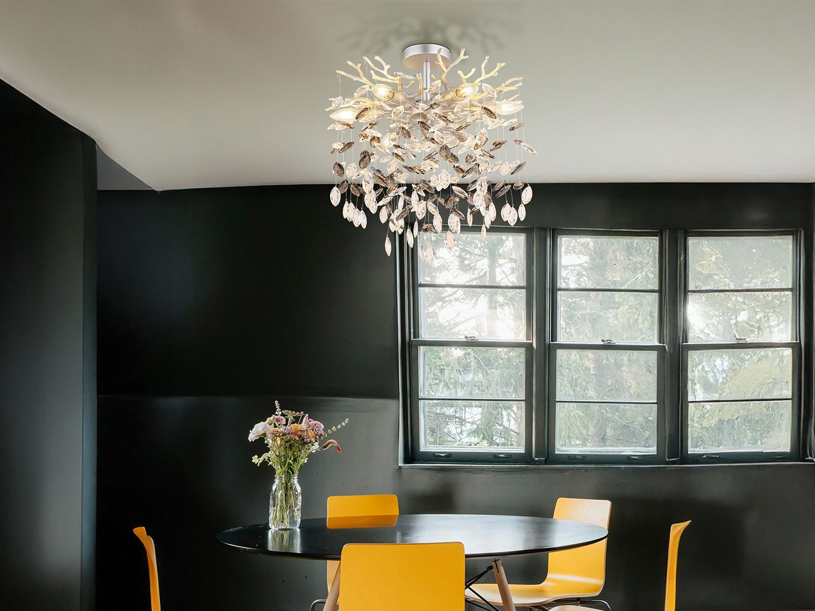 GLOBO LIGHTING LED Deckenleuchte mit Kristall 2-farbig Ø 50cm, Dimmfunktion, LED wechselbar, Warmweiß, ausgefallene extravagante Deckenlampe in Zweigoptik, mehrflammig