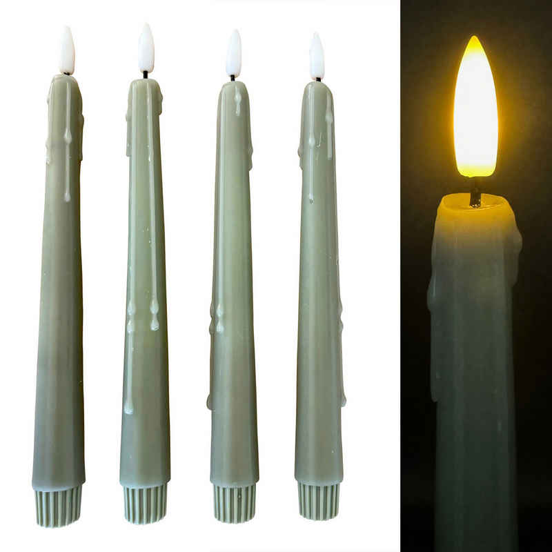 Online-Fuchs LED-Kerze 4 LED Stabkerzen im Set mit Wachstropfen aus Echtwachs - (Fernbedienung und Timerfunktion -, Creme, Weiß, Rosa, Salbei Grün), 198