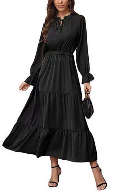 FIDDY Blusenkleid Damen Kleider Elegant V-Ausschnitt Tunika Kleid Lang Freizeitkleid