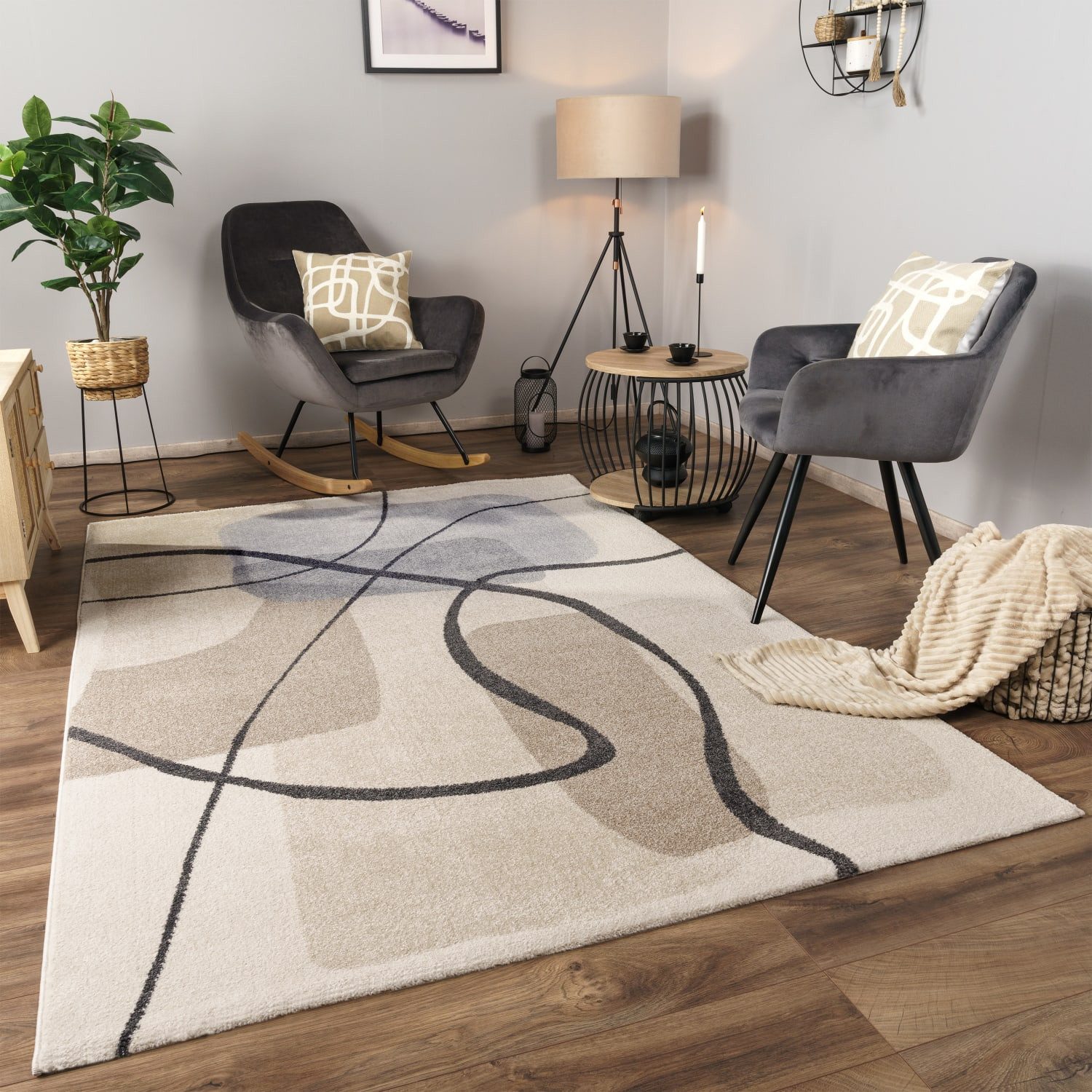 KADIMA DESIGN Teppich Abstrakt Wohnzimmer schmutzabweisend Teppich Kurzflor, Läufer, Höhe: 16 mm, Florhöhe: 12 mm, 100% Polypropylen, Rechteckig, 80x150cm, Creme