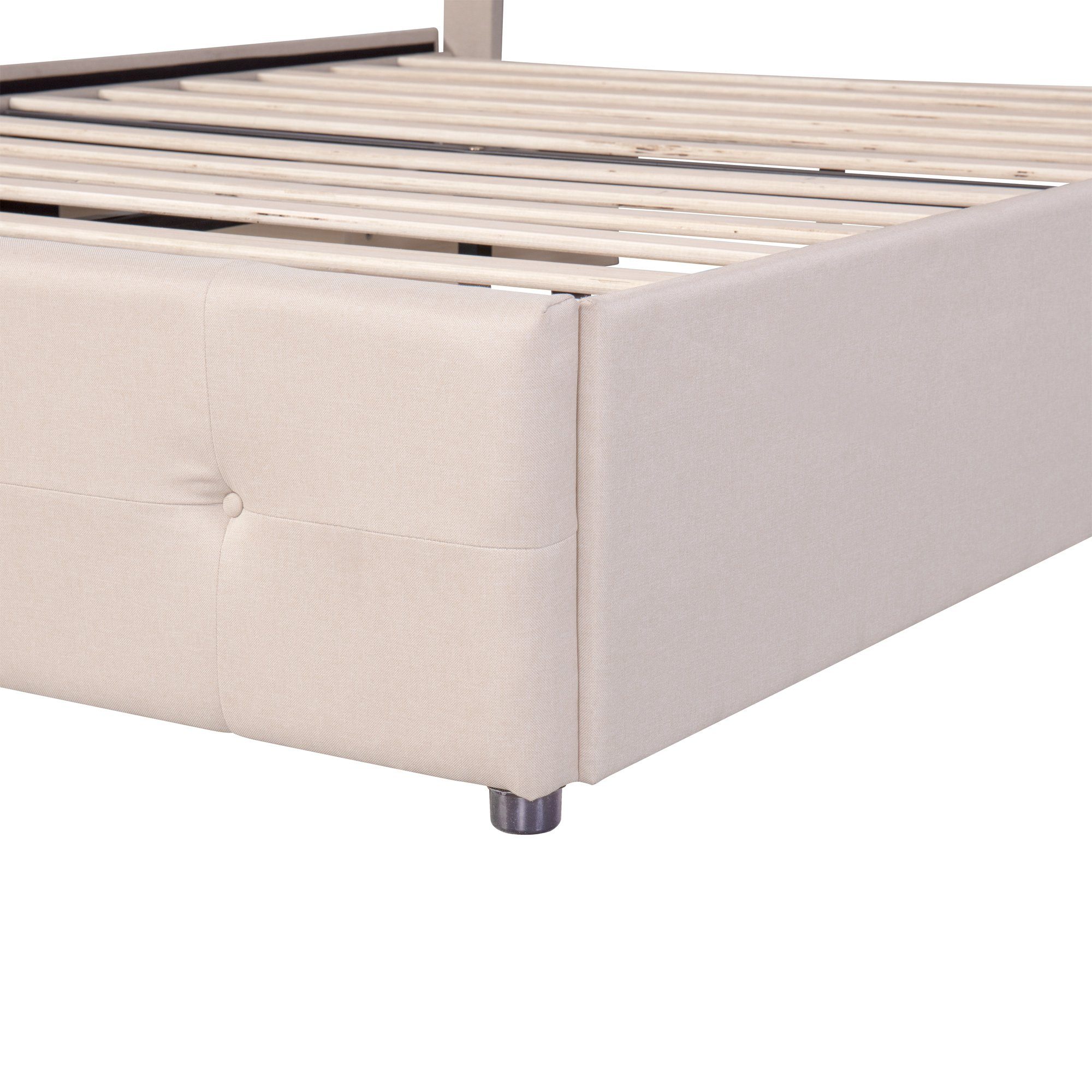 Polsterbett (Doppelbett mit Lattenrost und 4 Schubladen), LED-Beleuchtung, Höhenverstellbares Kopfteil, Leinen, 140x200cm