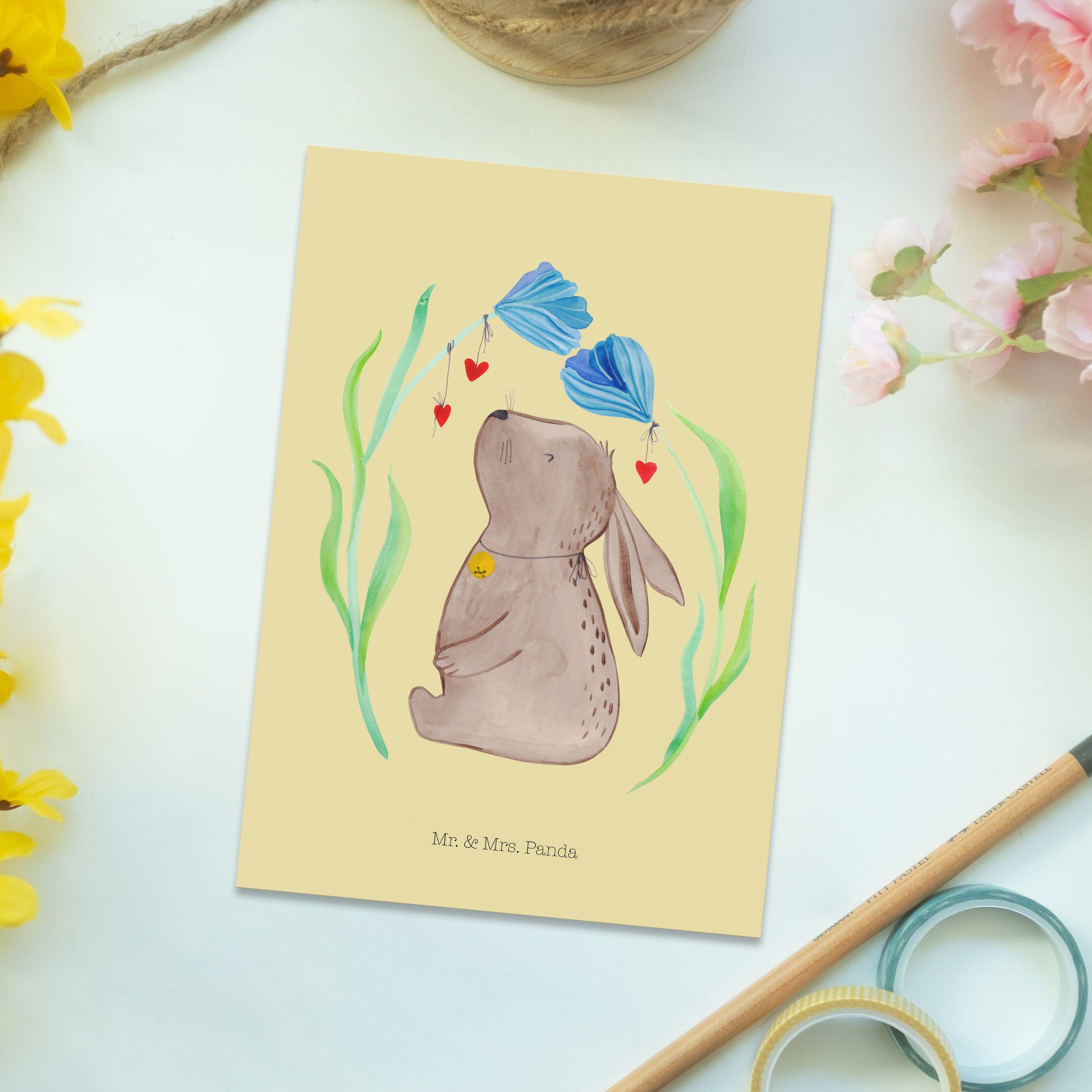 Blume Geschenk, Träume, - Gelb Panda Postkarte Mr. Pastell Ansic & Hase Mrs. Geburtstagskarte, -