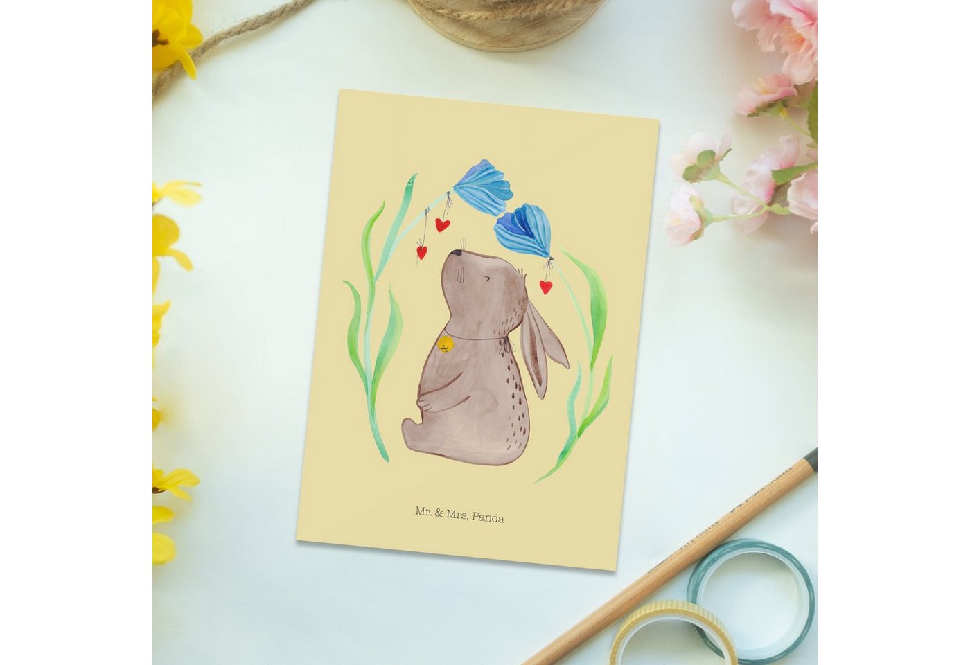 Thumbnail - Mr. & Mrs. Panda Postkarte Hase Blume - Gelb Pastell - Geschenk, Postkarte, Träume, Ansichtskart, Liebevolles Design