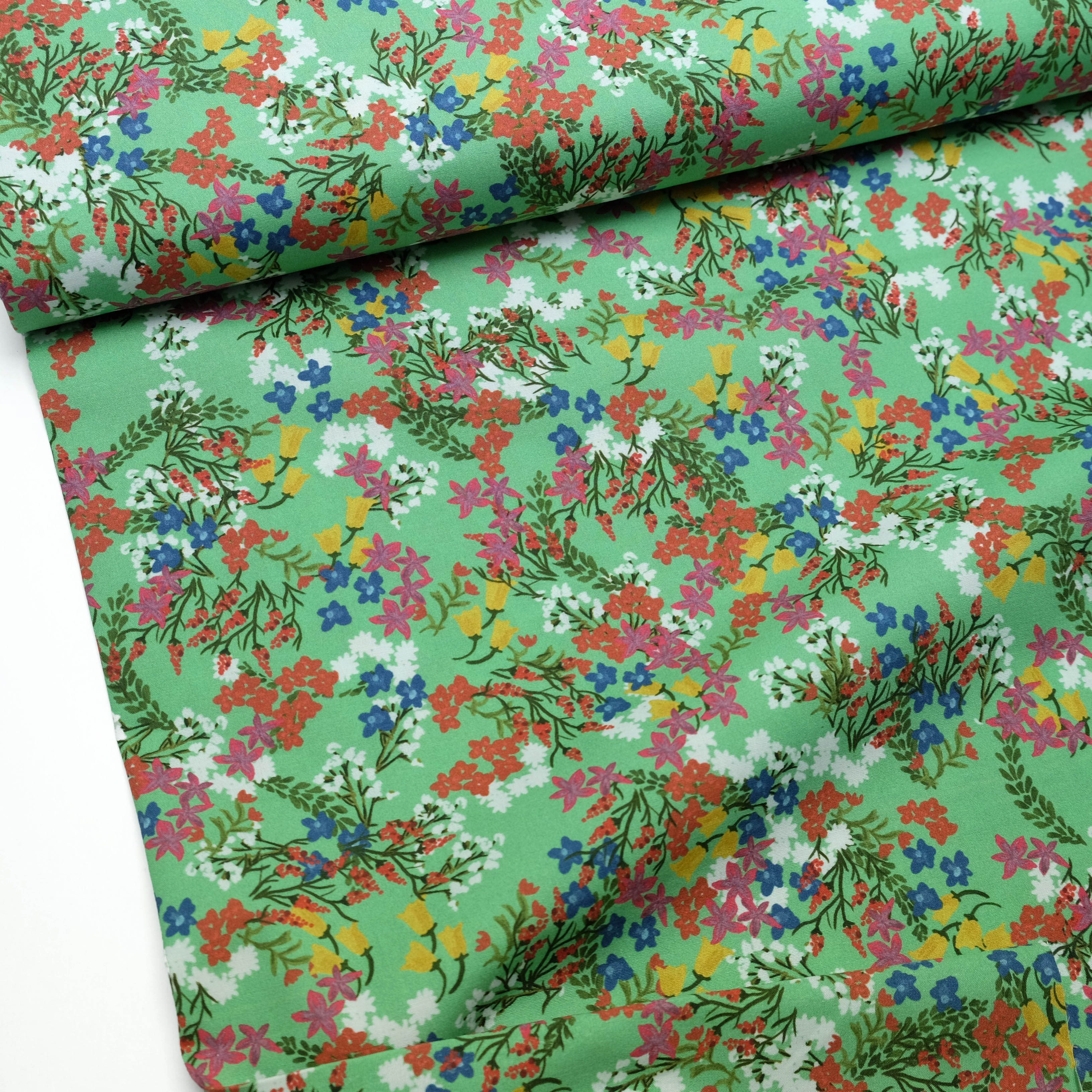 larissastoffe Stoff Baumwollstoff Blumen, elstisch gewebt, grün, Meterware, 50 cm x 150 cm, 140 cm