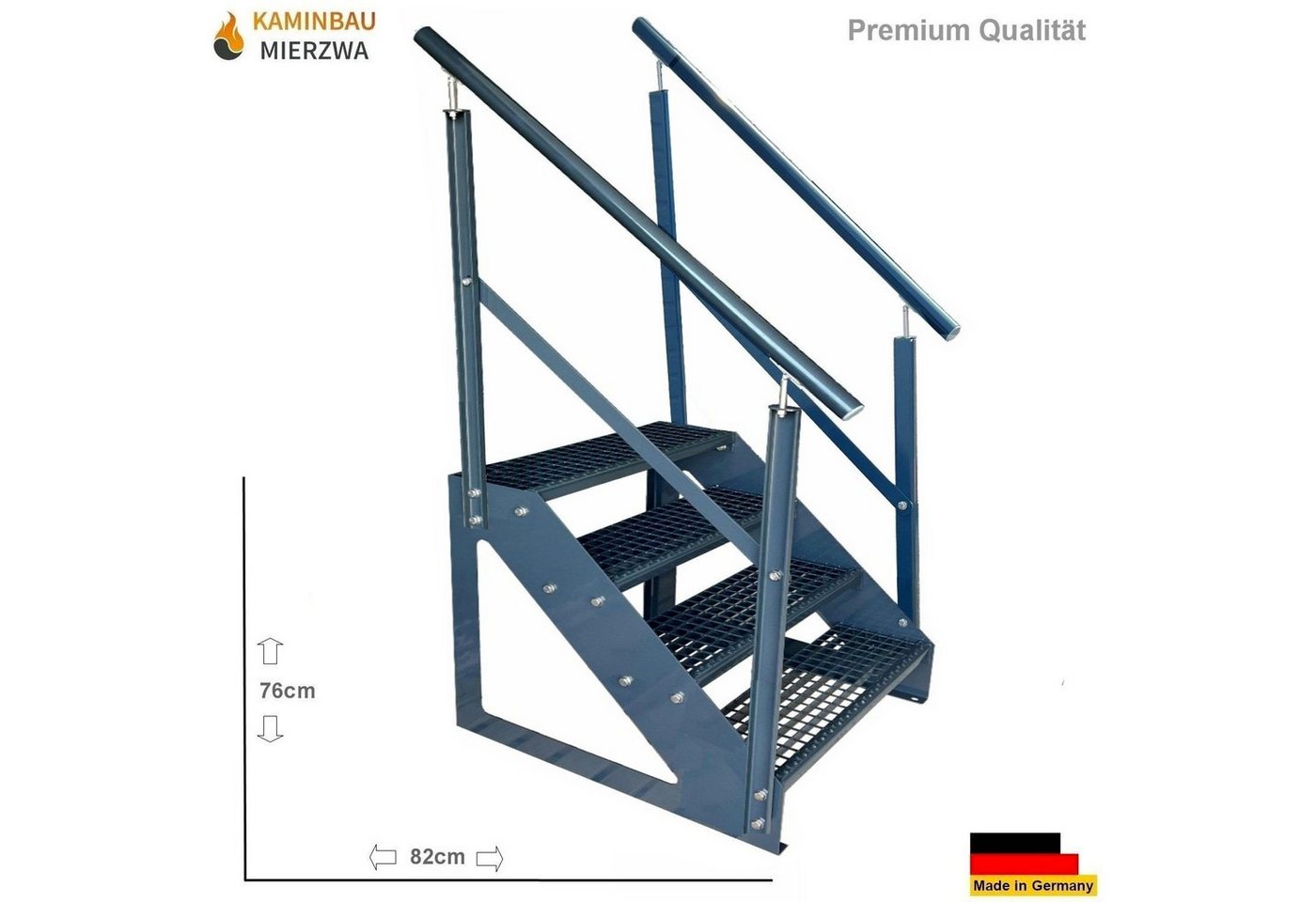 Thumbnail - Kaminbau Mierzwa Außentreppe Premium Treppe Anthrazit mit oder ohne Geländer, für Geschosshöhen bis 76.00 cm, Stufen Git...
