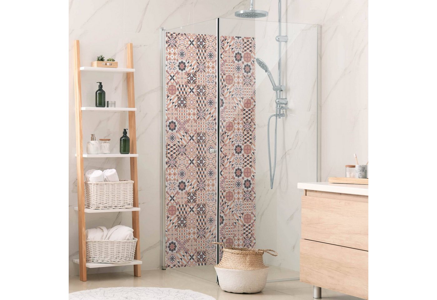Thumbnail - Bilderdepot24 Duschrückwand Fliesenoptik orange Duschrückwand ohne Bohren Dusche, (1-tlg., 0,61 mm starke Folie selbstkl...