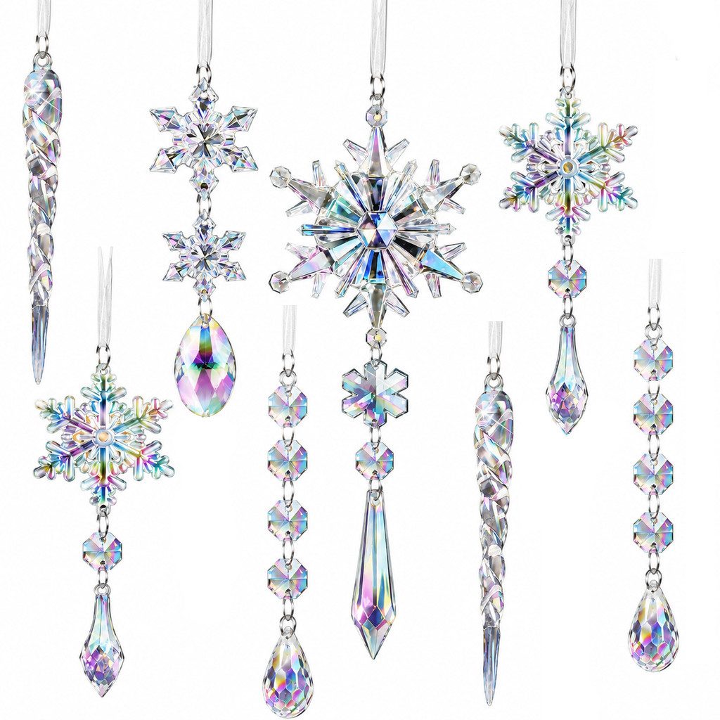 Sorvyzxn Christbaumschmuck Acryl Weihnachtsanhänger – Schneeflocken, Eiszapfen & Tropfen (18-tlg), Christbaumanhänger für Weihnachtsbaum Winterdeko