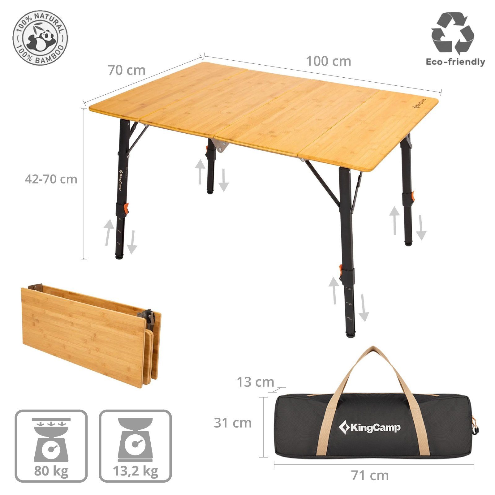 KingCamp Campingtisch Bambus Campingtisch Woboo L Camping - Falttisch Kl