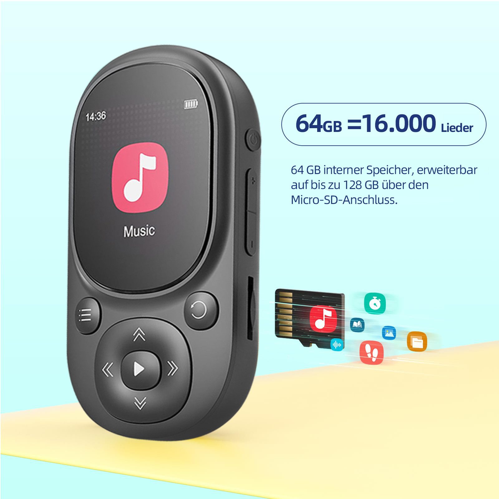 Tekoo MP3-Player Bluetooth 5.3 64GB mit Clip & FM-Radio Sport MP4-Player (64 GB, Bluetooth 5.3)