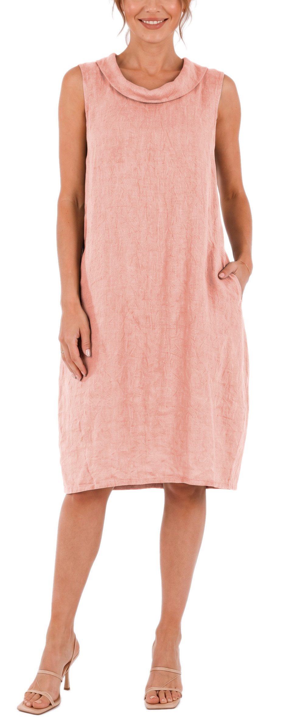 dy_mode Midikleid Damen Leinenkleid Luftiges Midi Sommerkleid Ballonkleid Strandkleid in Unifarbe, Wasserfallkragen, mit seitlichen Eingriffstaschen