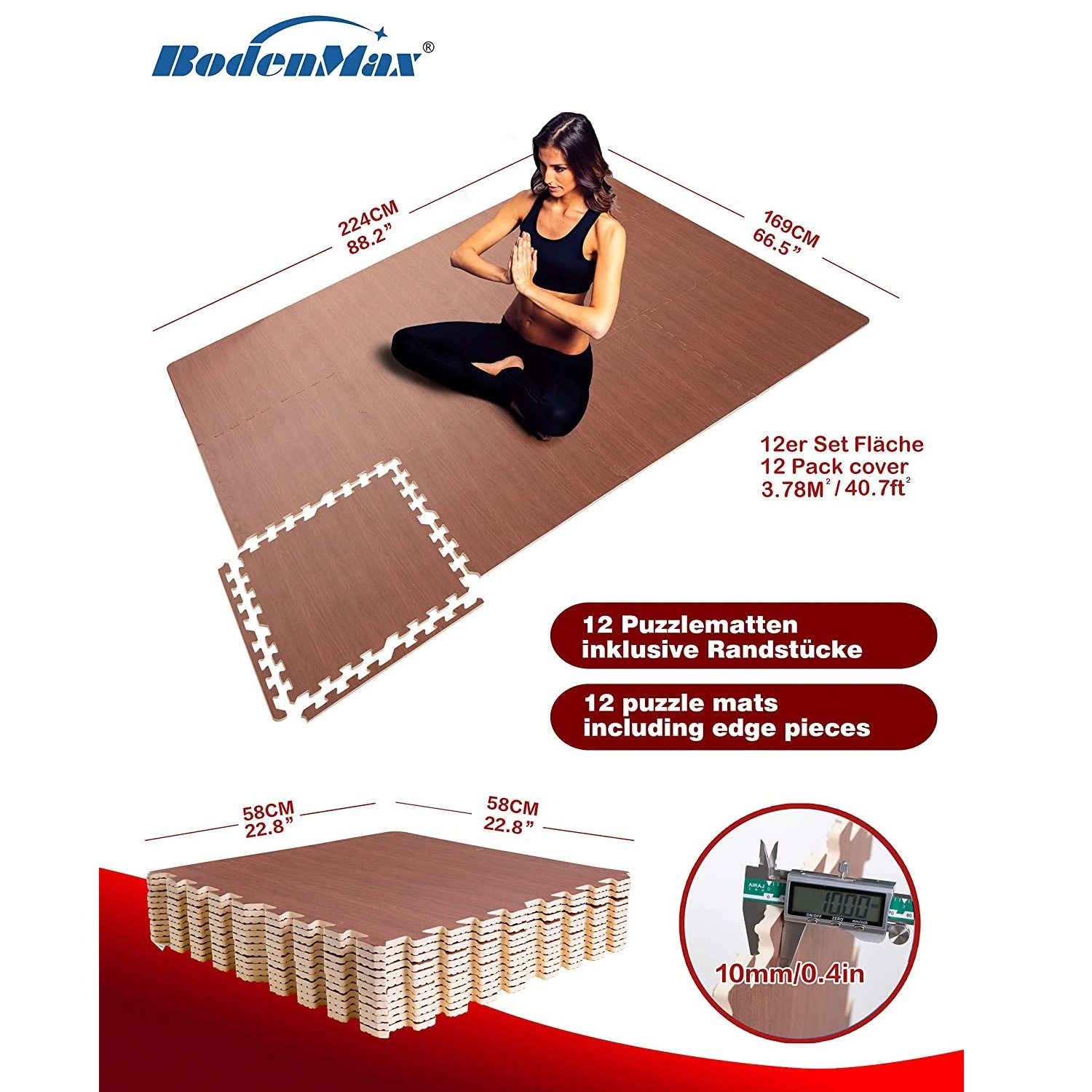 BodenMax Bodenturnmatte BodenMax Bodenschutzmatte Sportmatte 24stück=7.56m²(11€/m²)Dunkle puzzle, cm Holzoptik 58x58x1