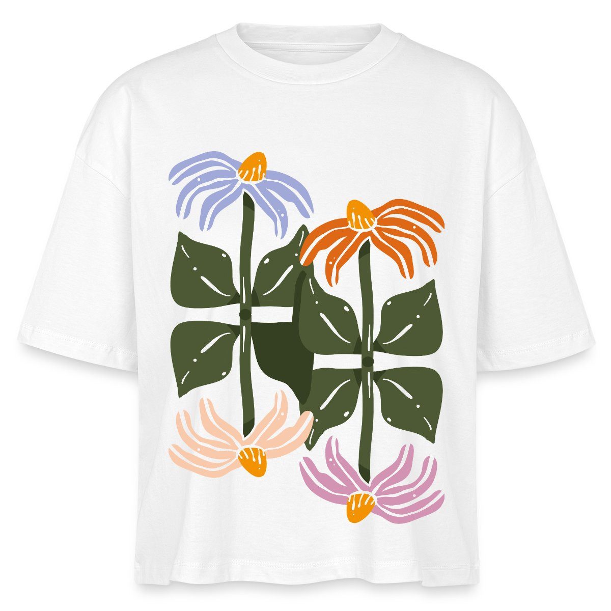T-Shirt Bunte Retro Blumen Illustration Im Boho Stil Boxy Shirt Damen