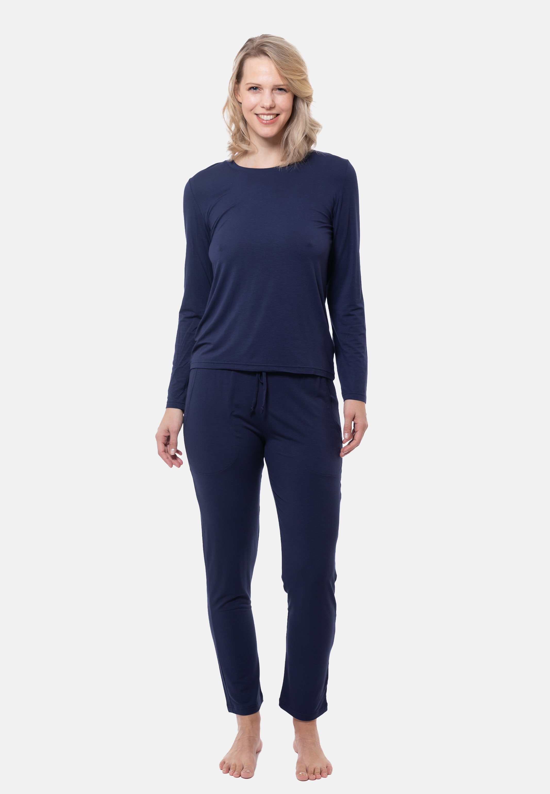 Mey Pyjama Sleepy & Easy (Set, 2 tlg) Schlafanzug - Lounge Langarm-Shirt und lange Hose im Set True blue