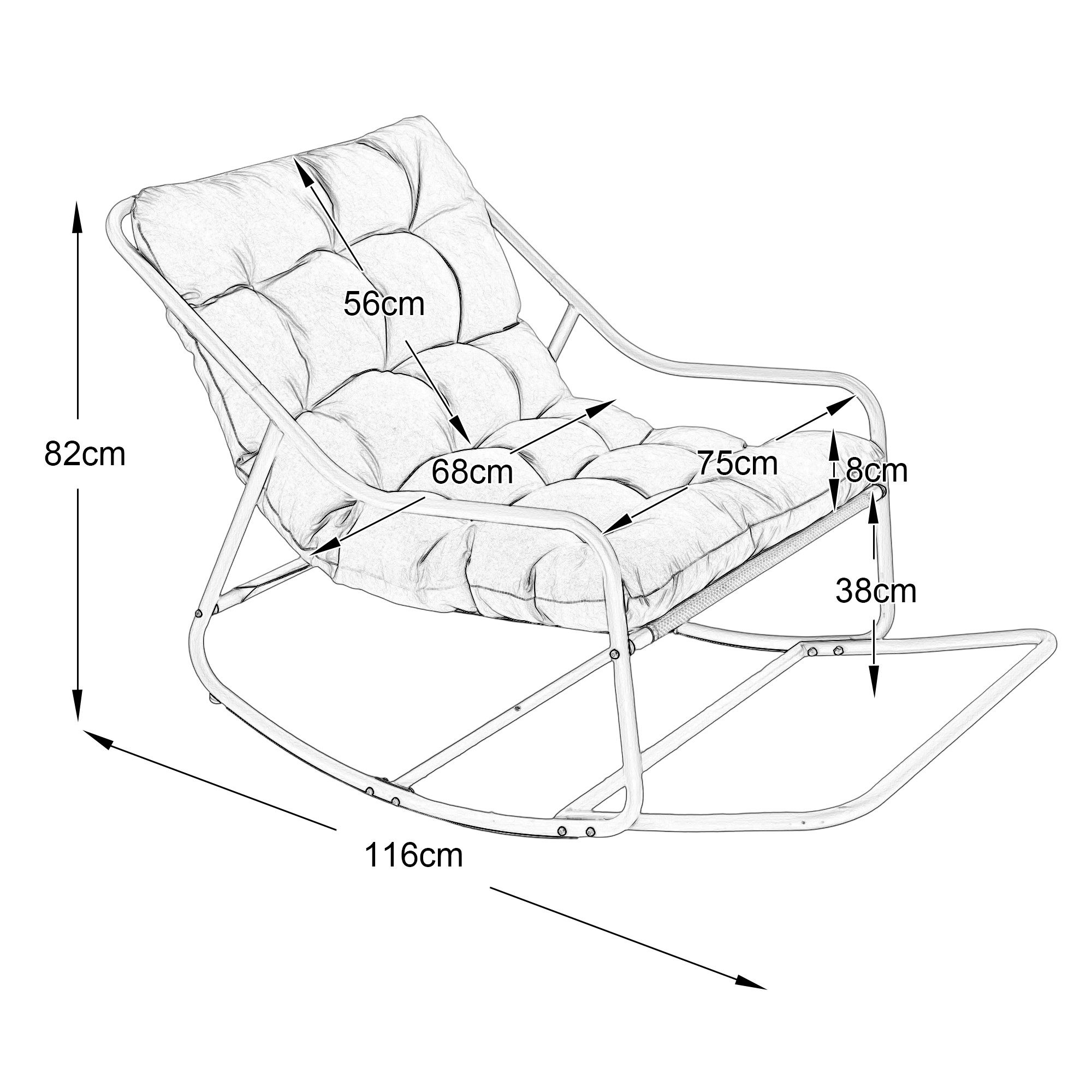 KLAM HOME Schaukelstuhl Beiger Schaukelstuhl mit extra dicker Komfortpolsterung (Stabiler Stahl-Schaukelchair bis 130 kg für Indoor & Terrasse), Einstellbare Schaukelbewegung, schnell montiert & rostgeschützt