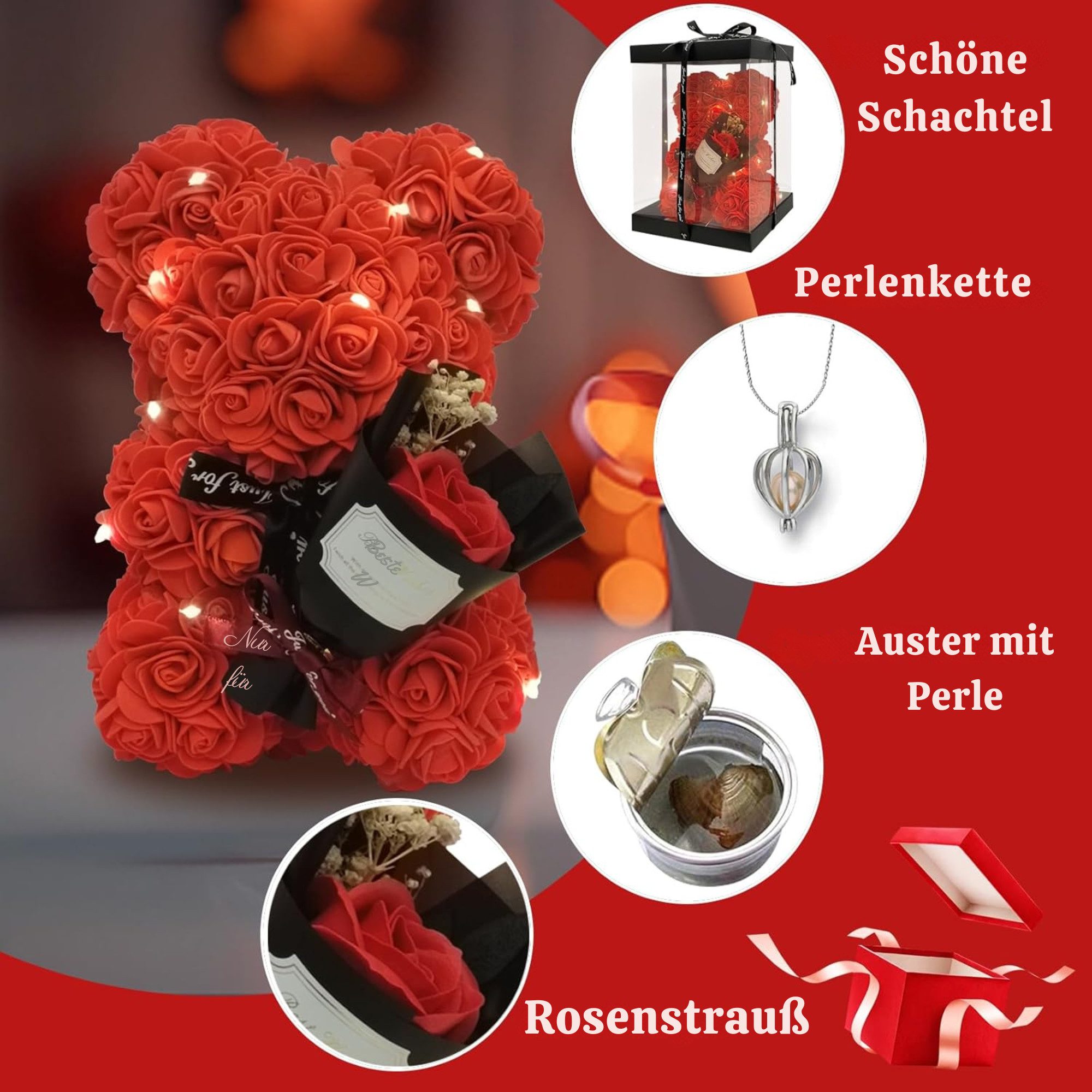 Kunstblumenstrauß Romantischer Rosen-Teddybär Geschenkset mit LED-Licht und einer Halskette aus echten Süßwasserperlen, Valentinstagsgeschenk für Ihre Freundin, – Bild 4 von 5