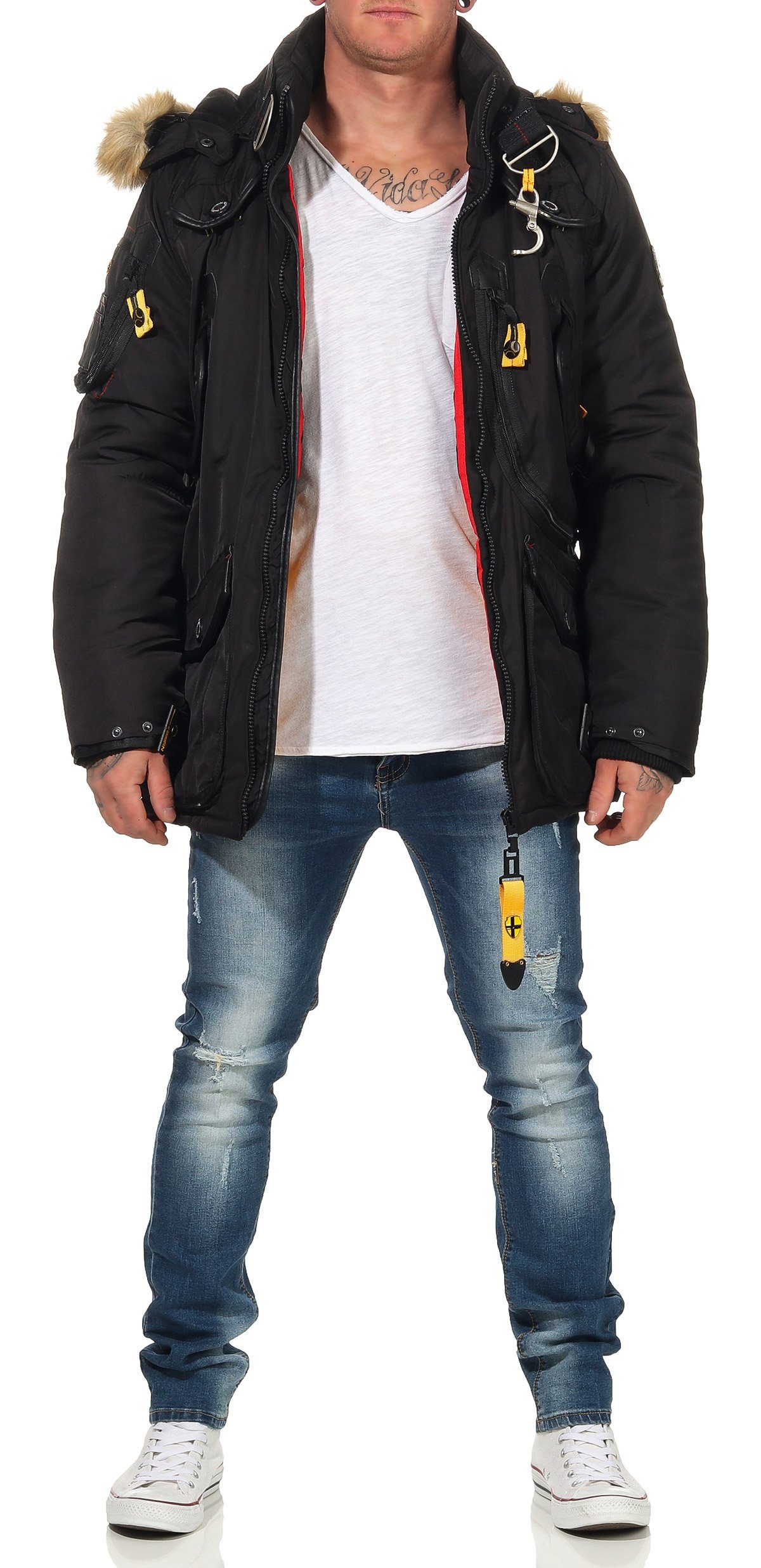 Agaros Taschen beides Kapuze Geographical Norway Fellbesatz: Winterjacke viele individuell mit abnehmbar, Schwarz