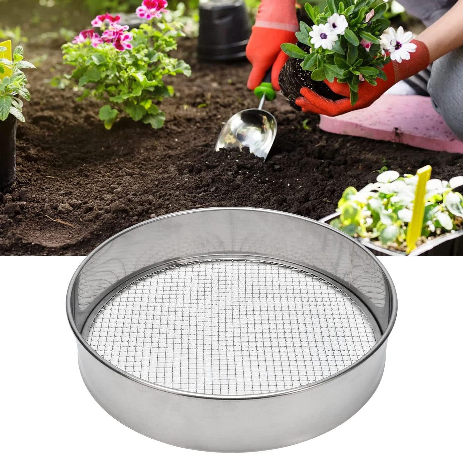 OSTWOLKE Gartensieb 30cm aus Edelstahl mit 5 Austauschbare Siebeinsätze Ø 3,6,9,10,12mm – Bild 5 von 5