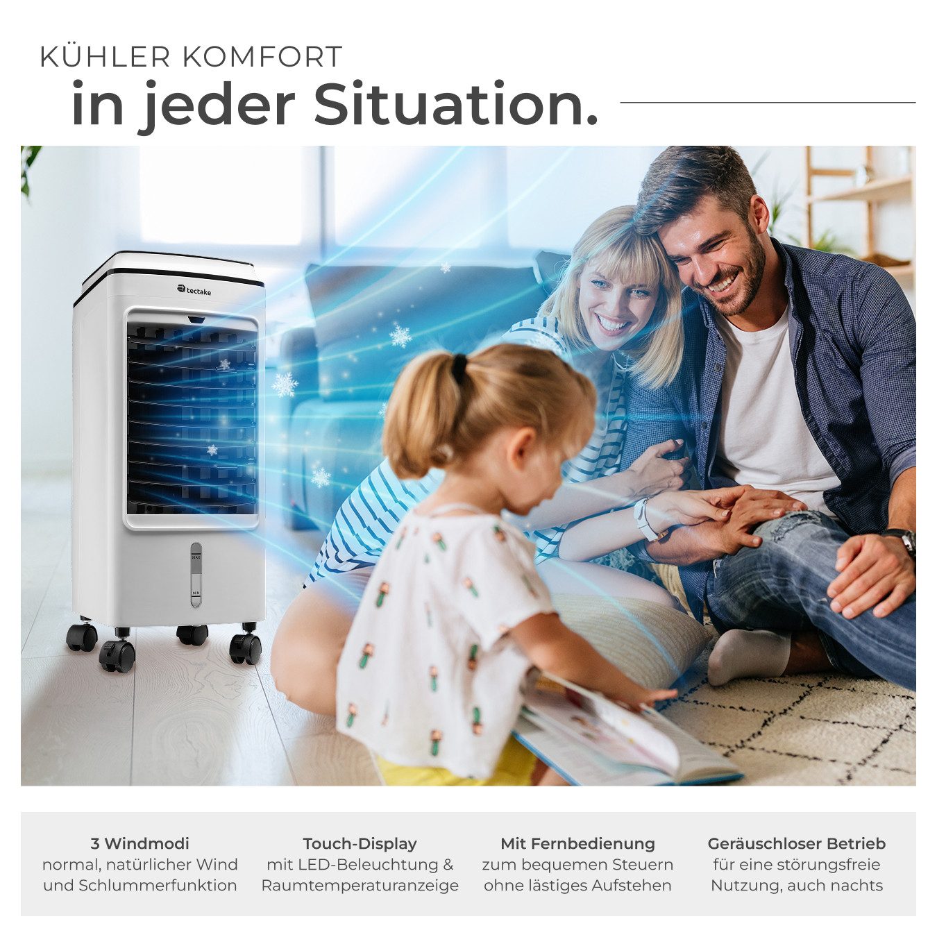 tectake Tischventilator mobiles Klimagerät Notos in weiß, Wassertank 4 l, Inkl., 3 Modi, mit Timer-Funktion, Touch-Bedienfeld mit LED-Beleuchtung