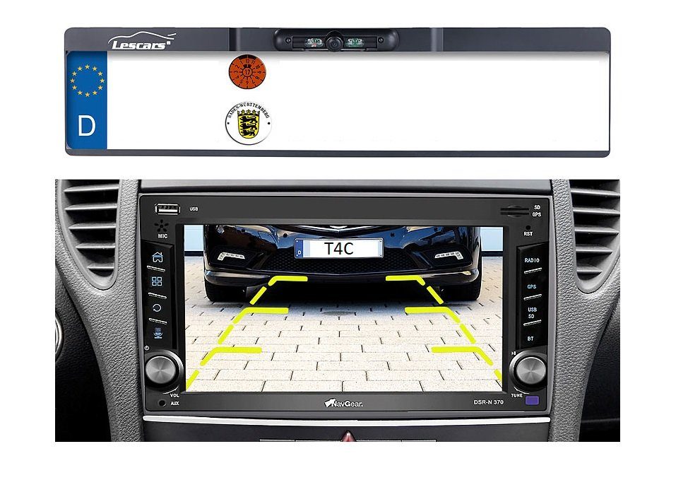 Lescars Lescars Funk-Rückfahrkamera Rückfahrkamera und via Vorne Übertragung Länge, keine Funk, 2x Nummernschild Kabelverlegung Pixel, Strom-Adapterstecker 10,9-cm-TFT-Monitor nach mit somit nötig) Video-Cinch 272 x (480 45cm