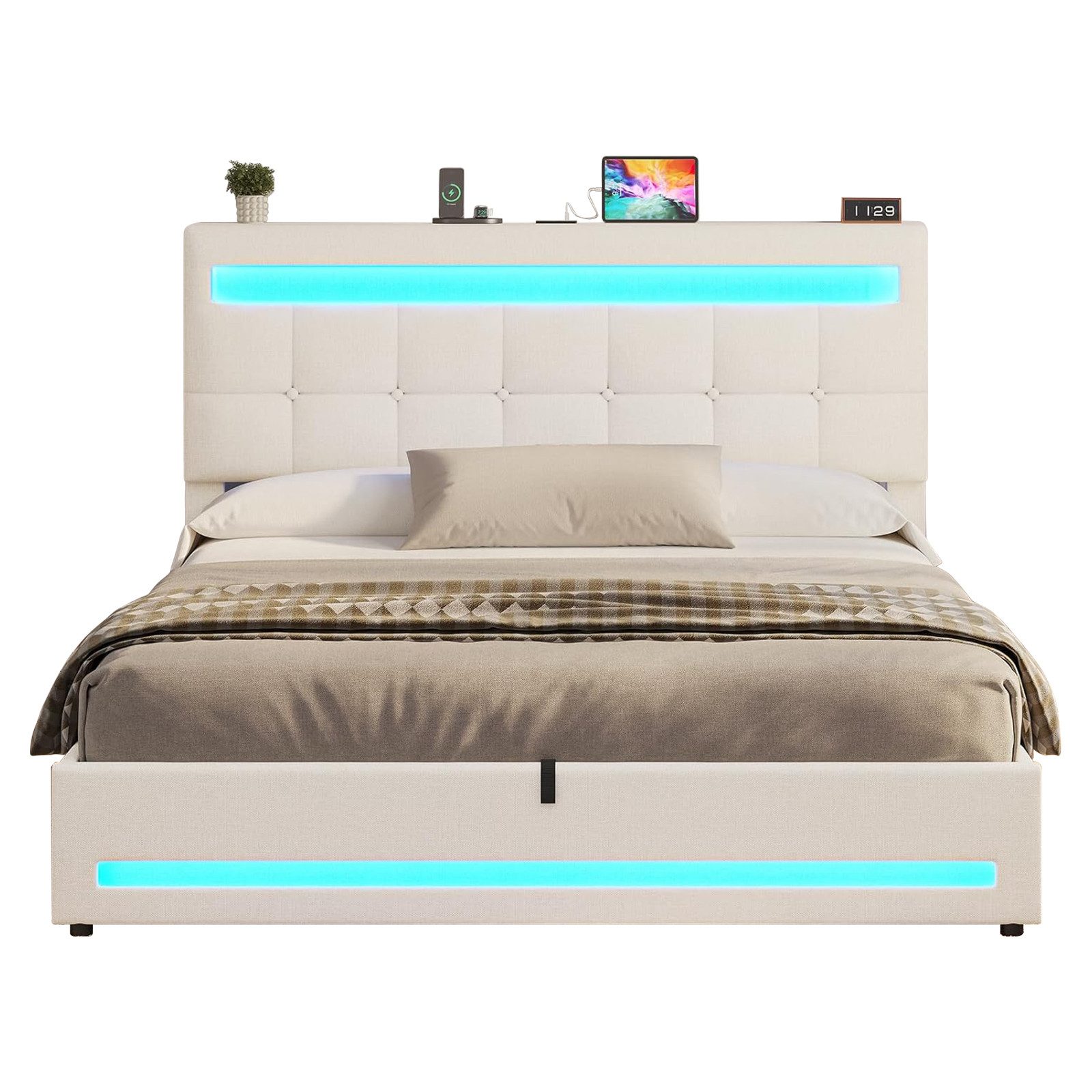 MSMASK Polsterbett Jugendbett mit LED Beleuchtung und Ladestation, Hydraulisches Bett (Ohne Matratze), mit Höhenverstellbares Kopfteil und Stauraum