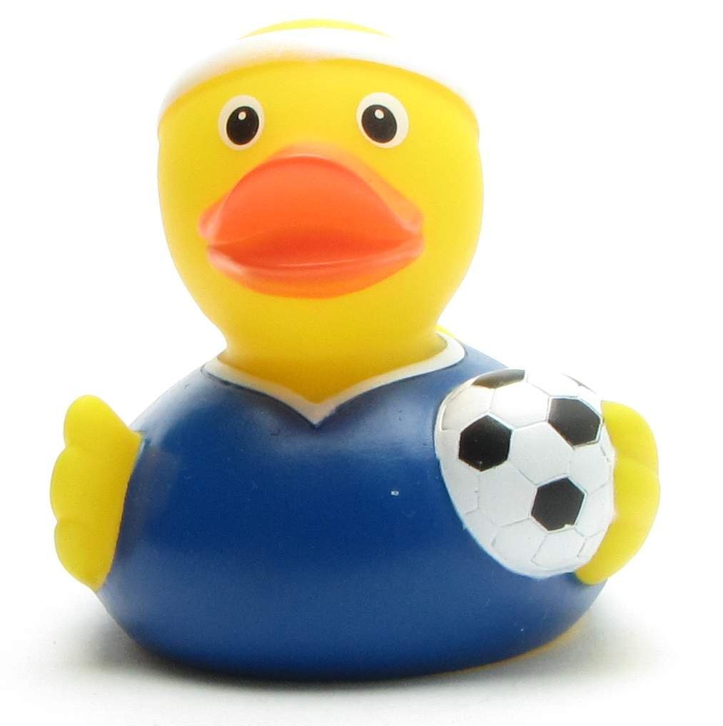 Quietscheente Fussballer Badeente dunkelblaues Badespielzeug Trikot Duckshop