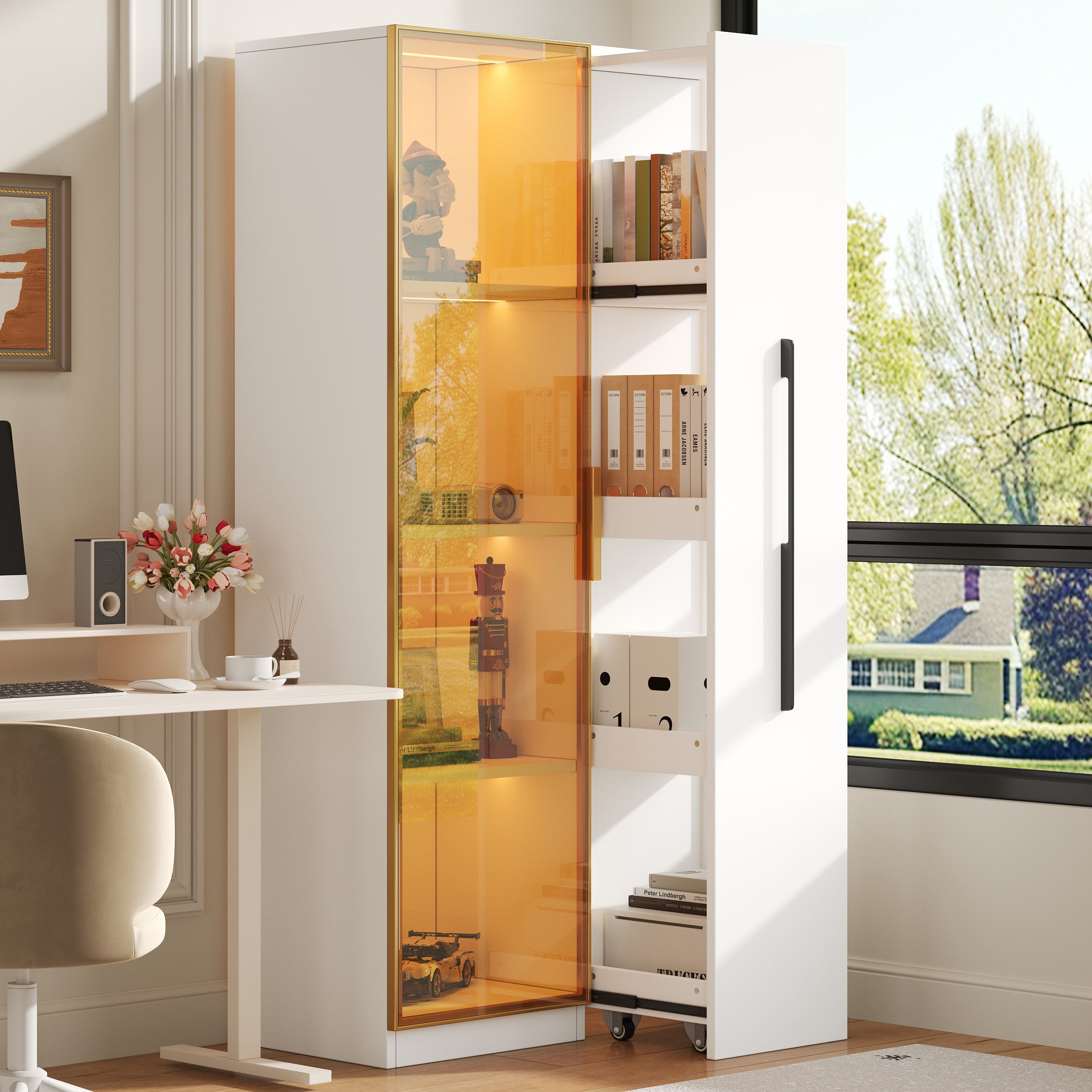 Merax Glasvitrine Vitrine, Auszugsschrank, (1-St., Vitrinenschrank mit LED, Zwei Türen, 70x40x160cm) Bücherregal, Hochschrank mit Regal