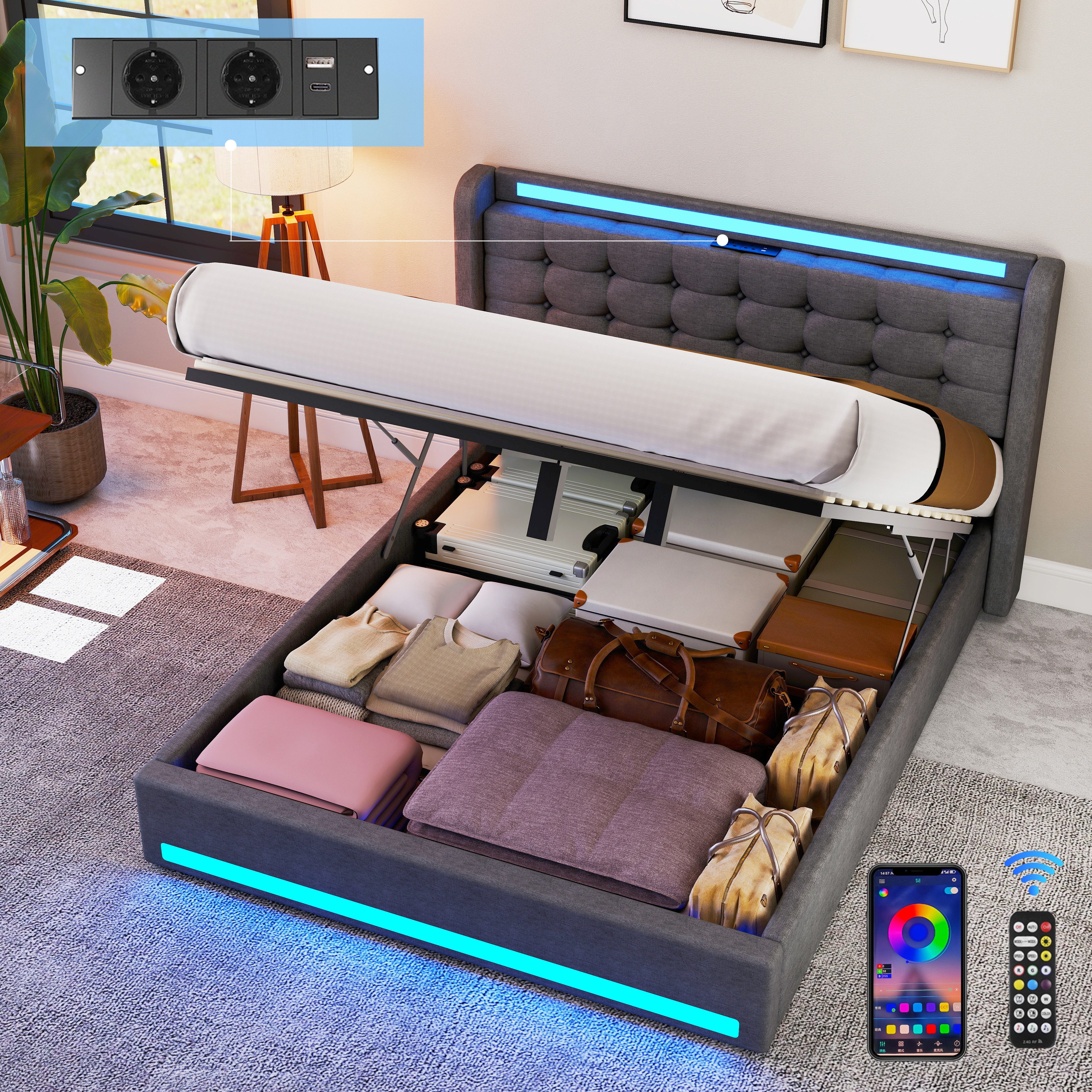 oyajia Stauraumbett LED Hydraulisches Doppelbett 140x200cm mit Ladefunktion günstig online kaufen