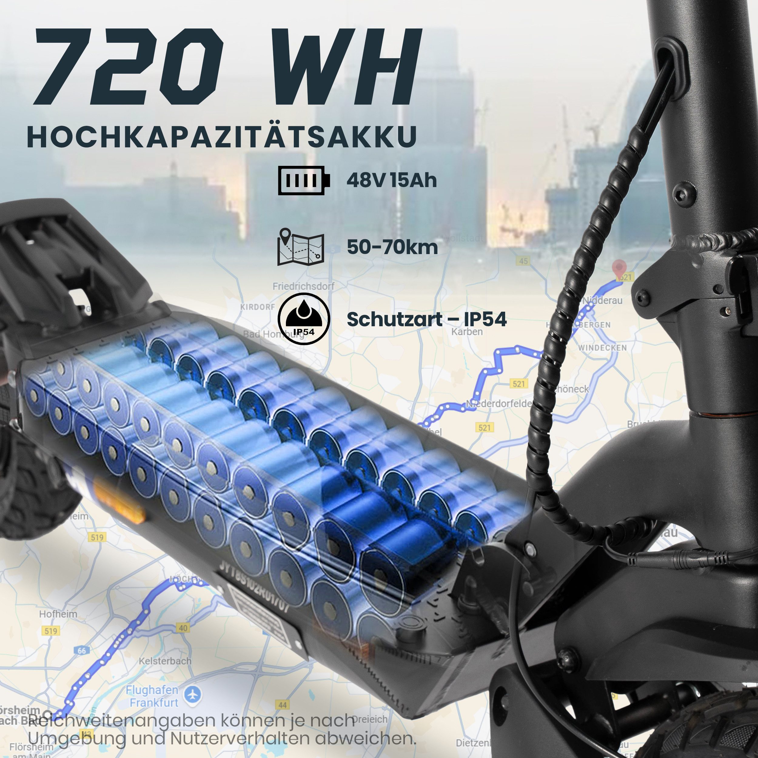 Vankel E-Scooter Elektroroller mit ABE, 500 W, 10 Zoll, 70 km & Vollfederung, 500,00 W, 20 km/h, (20% Steigung, mit Tasche, mit Blinker), 720 Wh, Vollfederung, Blinker, Offroad-Luftreifen