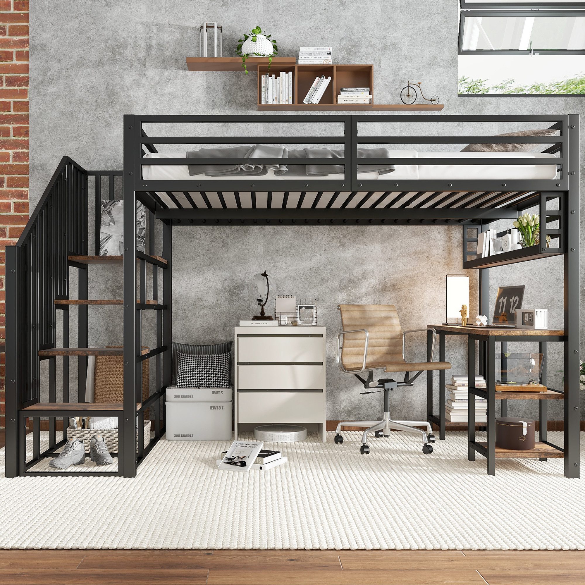 Merax Hochbett 120x200cm mit integriertem Schreibtisch & stabilen Lattenrosten (1-St., Jugendbett Einzelbett) Metallbett Kinderbett mit Treppen, Handläufen & Au – Bild 2 von 5