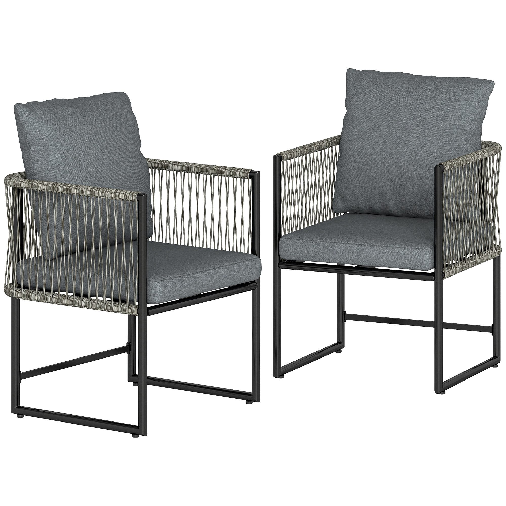 MC Star Gartenstuhl Gartenstuhl 2er Set wetterfest Gartenstühle aus Stahl PE-Rattan (mit Kissen Armlehne Rückenlehne 52x52x66 cm Grau)