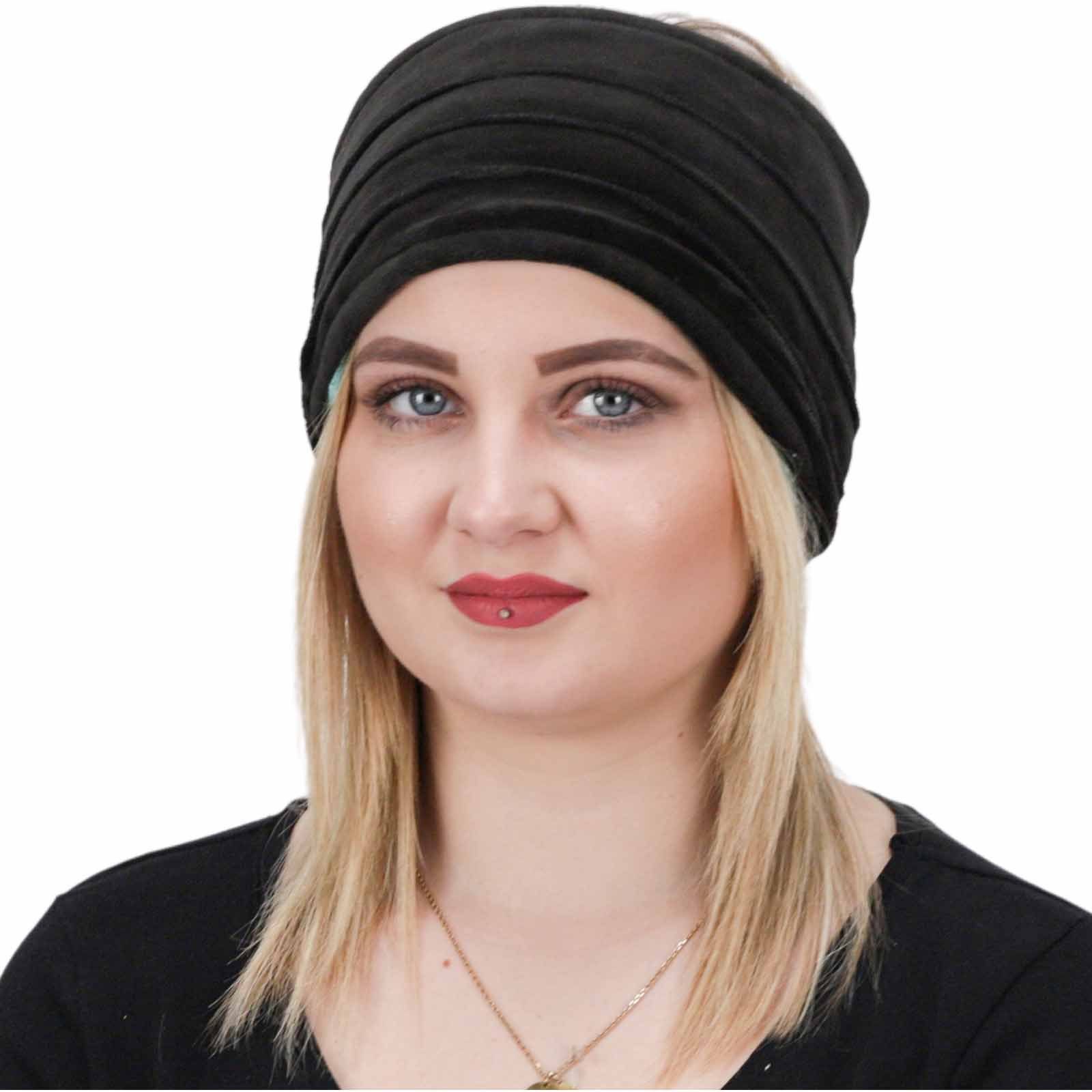 KUNST UND MAGIE Stirnband Damen Ohrwärmer Wendbar Tube Stirnband aus Samt mit Plüschfutter Schwarz / Türkis