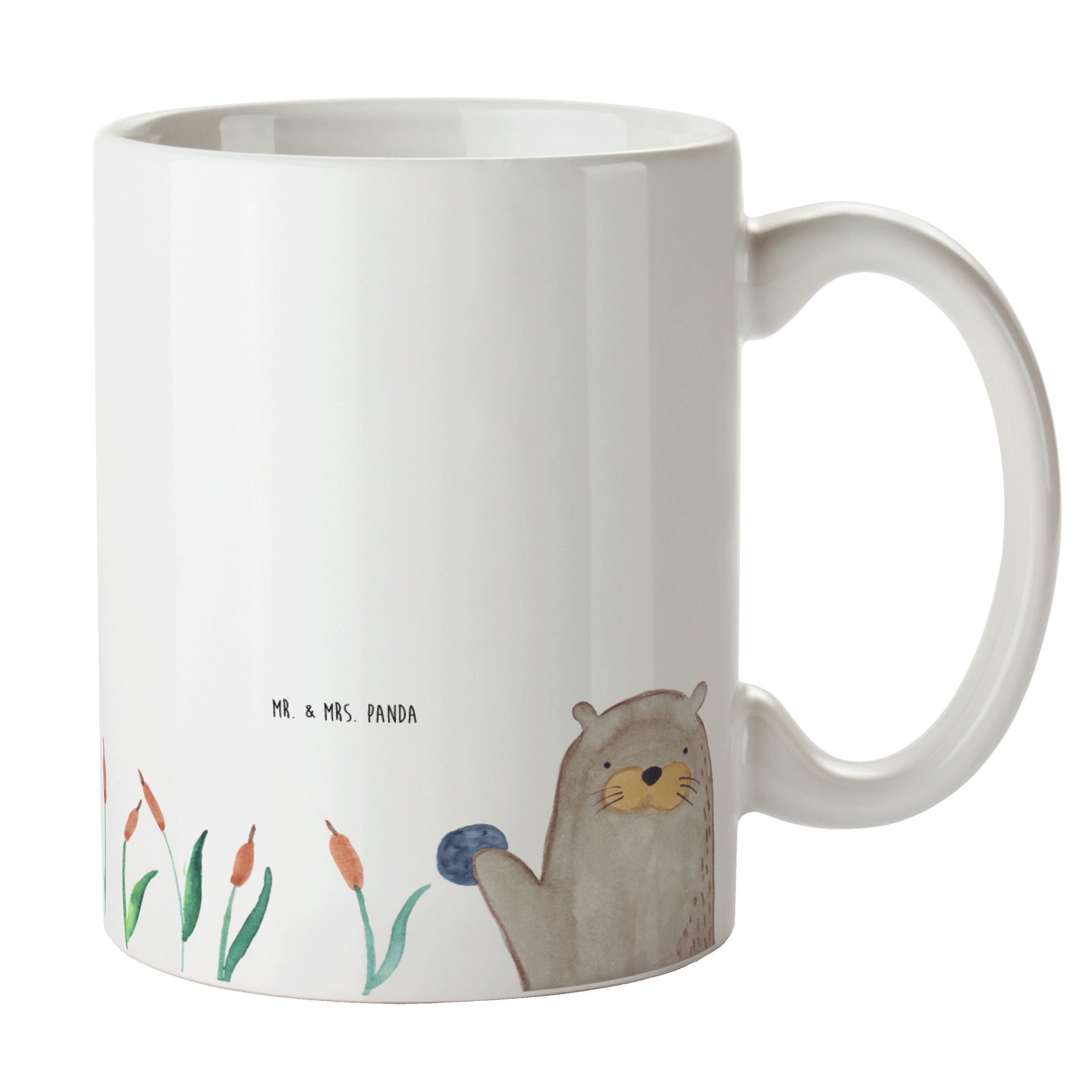Mr. & Mrs. Panda Tasse Otter mit Stein - Weiß - Geschenk, Fischotter, Teetasse, Kaffeetasse, Keramik