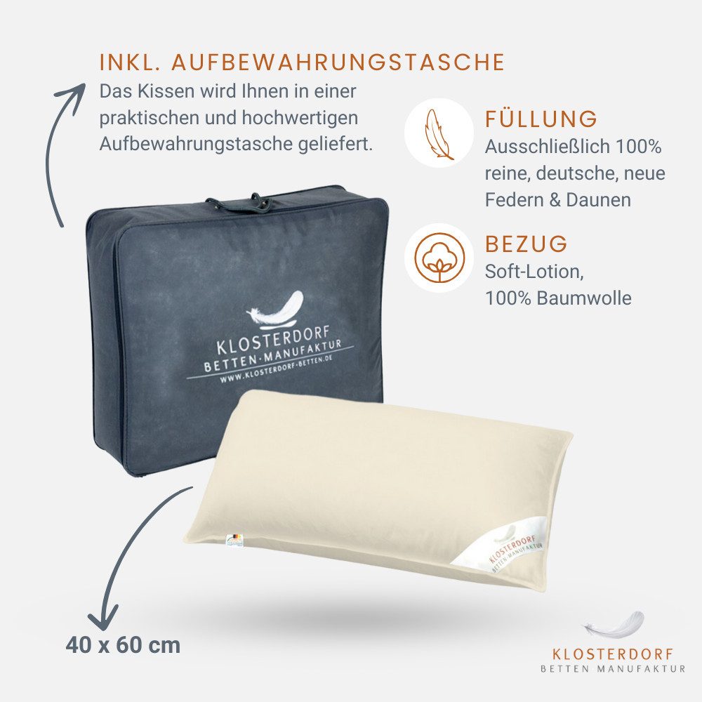Klosterdorf Betten-Manufaktur Gänsedaunenkopfkissen Premium Bio Baby Kinder Daunen Kopfkissen 40x60 cm - krümmel -, Füllung: 100% neue reine weiße deutsche Bio Gänsedaune aus Bio Produktion Klasse I,Für erholsamen und gesunden Schlaf, liebevolle Handarbeit aus unserem deutschen Familienbetrieb